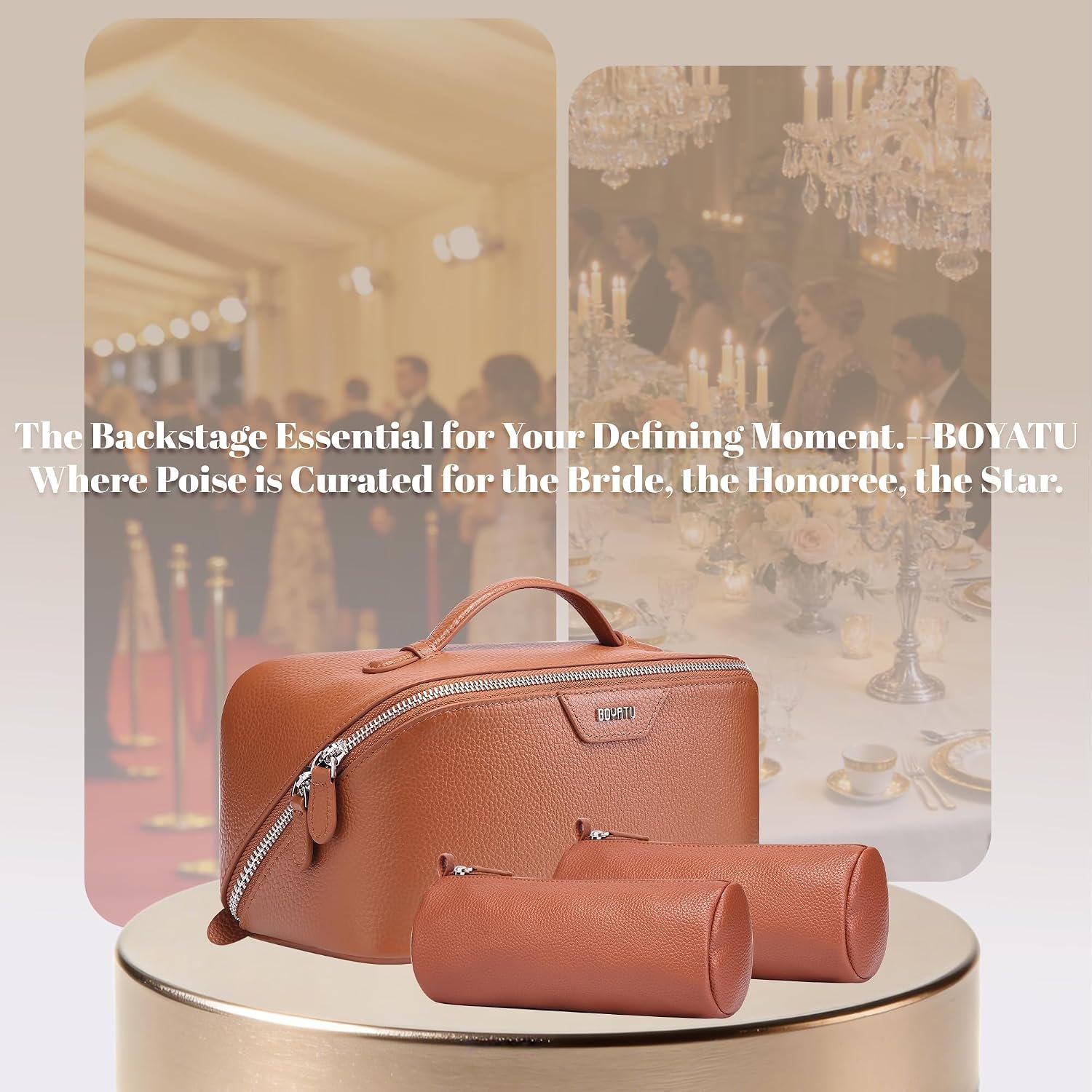 BOYATU Genuine Leather Travel Makeup Bag: Hand-made 3 Pcs Set Cosmetic Bags | Large Capacity Toiletry Organizer Bag for Women - Designer Ladies Travel Essentials for Elegance (Brown) - Image 8