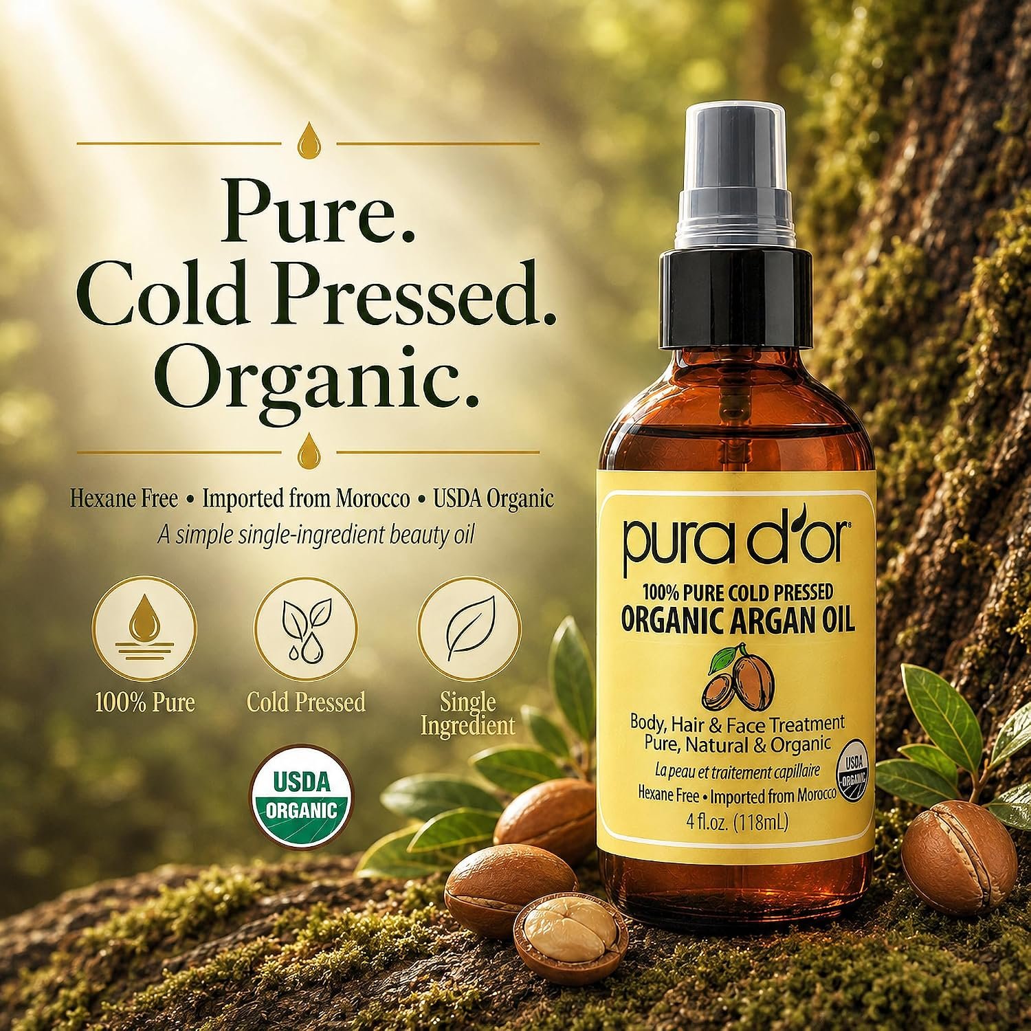 PURA D'OR ORGANIC Moroccan Argan Oil Pure Cold-Pressed Hair & Skin, 4oz | Shine, Softness, Frizz Control, USDA Certified, Scalp Care, Dry Ends, Cuticles, Body Care, Lightweight, Hexane-Free, Vegan - Image 6