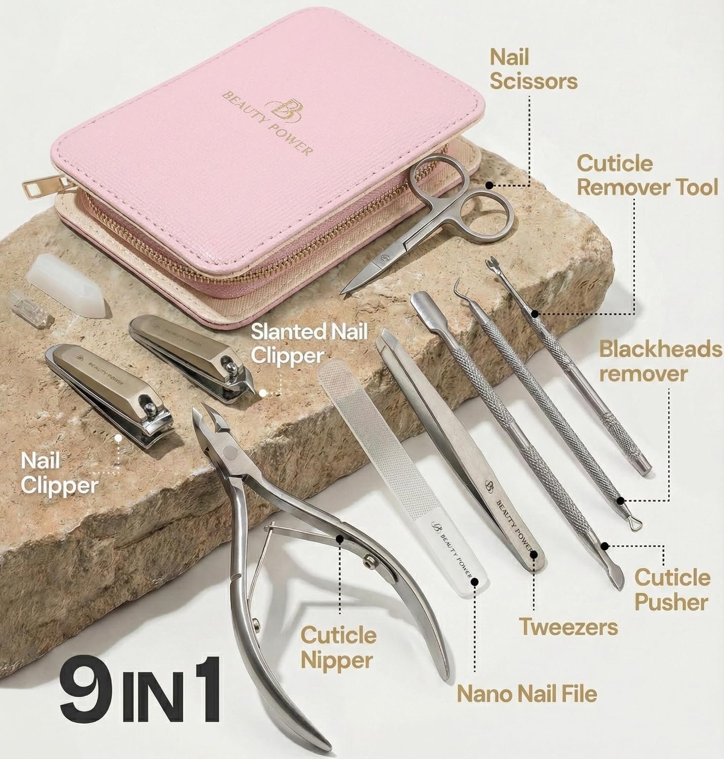 Beauty Power 9 in 1 Professional Manicure Pedicure Set - Stainless Steel Nail Clippers, Nano File, Cuticle Nipper, Scissors, Tweezers, Travel PU Leather Case for Men & Women - Gift Idea - Pink - Image 2