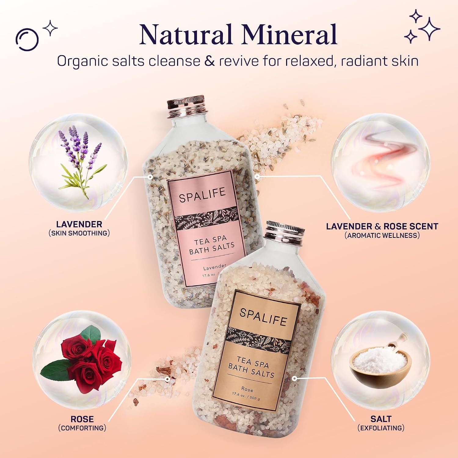 SpaLife Effervescent Rose & Lavender Bath Salts for Women Relaxing | All Natural Aromatherapy Dead Sea Salt Bath Soak Duo | Real Flower Petals for Relaxing Mineral Baths | 2-Pack (35.2 oz) - Image 5