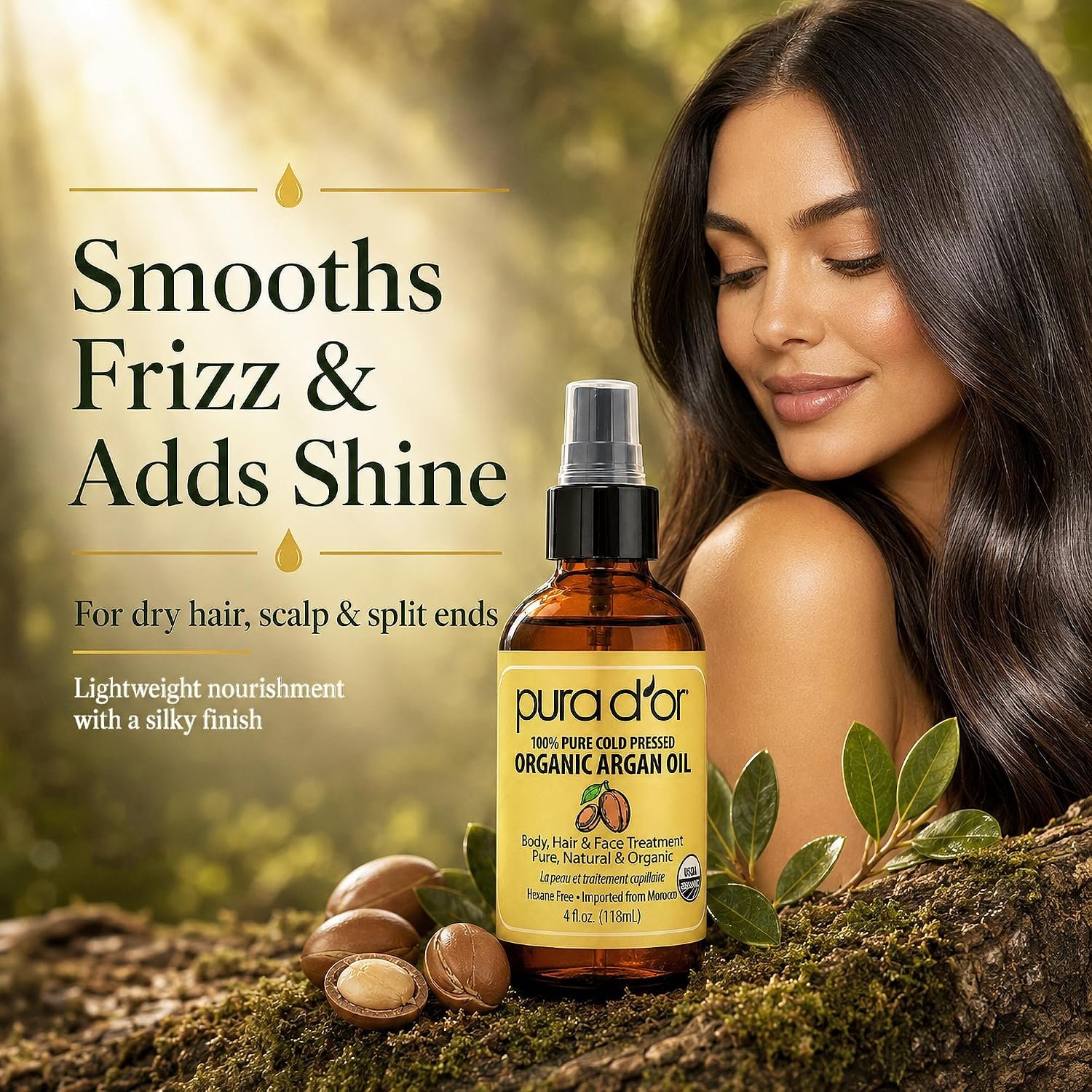 PURA D'OR ORGANIC Moroccan Argan Oil Pure Cold-Pressed Hair & Skin, 4oz | Shine, Softness, Frizz Control, USDA Certified, Scalp Care, Dry Ends, Cuticles, Body Care, Lightweight, Hexane-Free, Vegan - Image 3