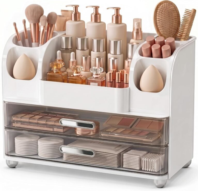 Large Makeup Organizer Countertop for Vanity Skincare Organizers | Bathroom Organizers and Storage with Brushes Holders, Waterproof Cosmetic Organizer for Perfumes Lipsticks Nail Polish, White