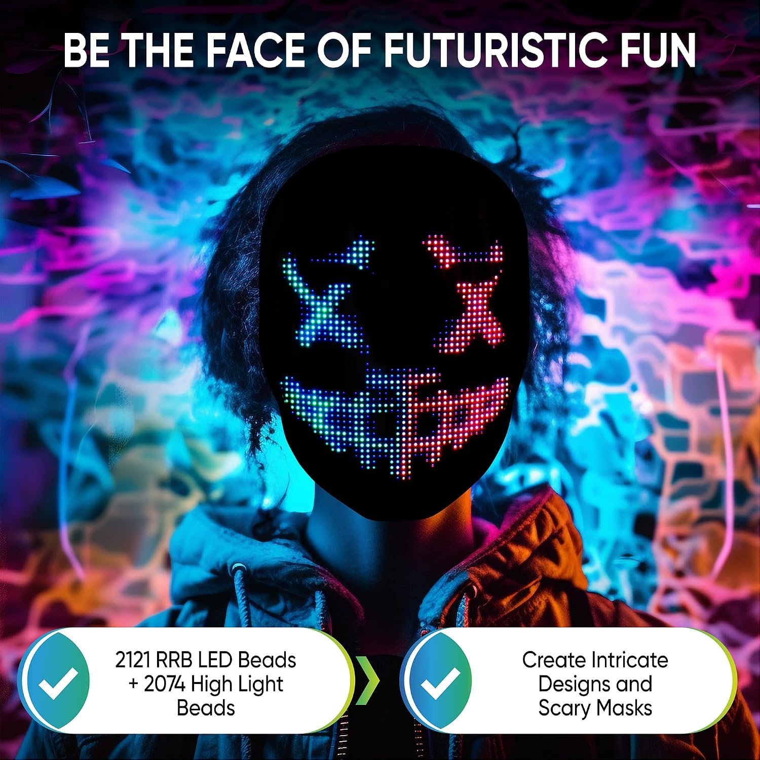 Glow Gear Face Transforming LED Mask App-Controlled Light Up Cosplay Mask with 115+ Animated Faces, Customizable LED Patterns, Rechargeable Battery Rave, Festival, Halloween, DJ Accessory - Image 3