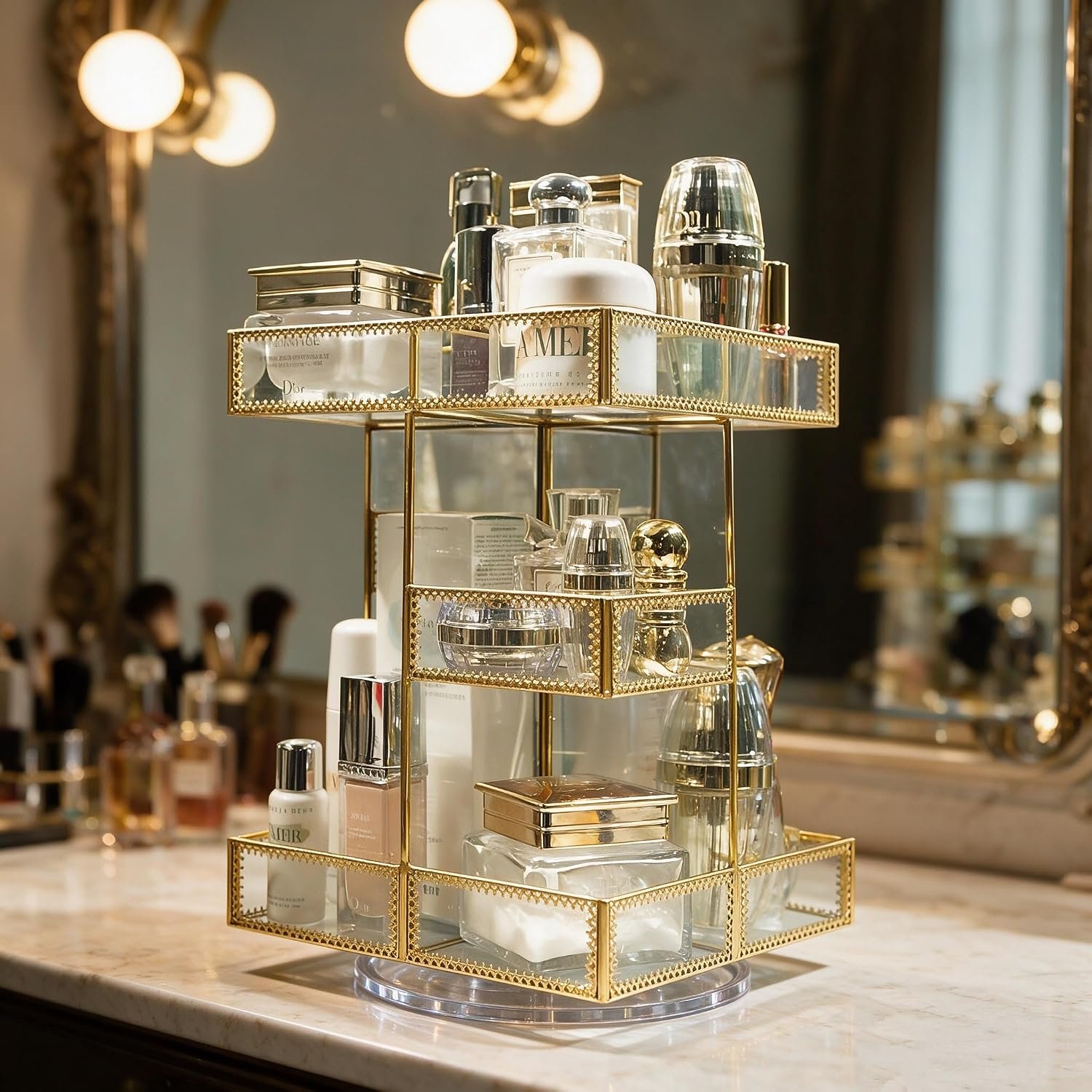 360° Rotating Glass Makeup Organizer, 3-Tier Cosmetic Holder | Antique Lace Design, Vanity Storage Tray, Large Capacity, For Perfume, Skincare Bottles, Lipsticks & Brushes - Image 4