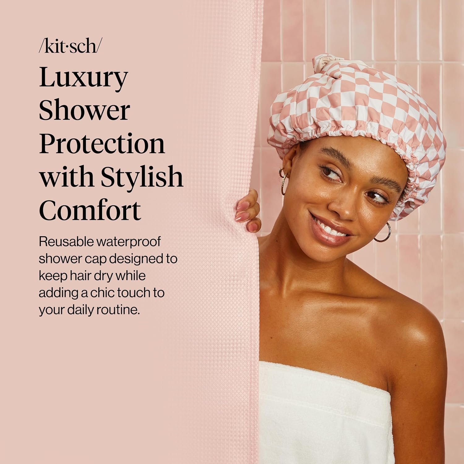 Kitsch Luxury Satin-Lined Flexi Shower Cap for Women - Terracotta Checker | Shower Caps for Women Reusable Waterproof - Non-slip, Comfortable Quick-dry Hair Shower Cap for All Hair Types - Image 2