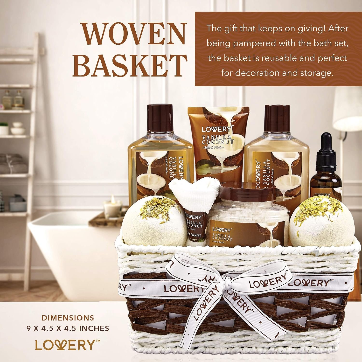 Gifts For Women Gift Basket for Women– 9 Piece Set of Vanilla Coconut Home Spa Set, Luxurious Gifts for Her, Bath and Body Sets Includes Fragrant Lotions, Large Bath Bombs, Coconut Oil - Image 9