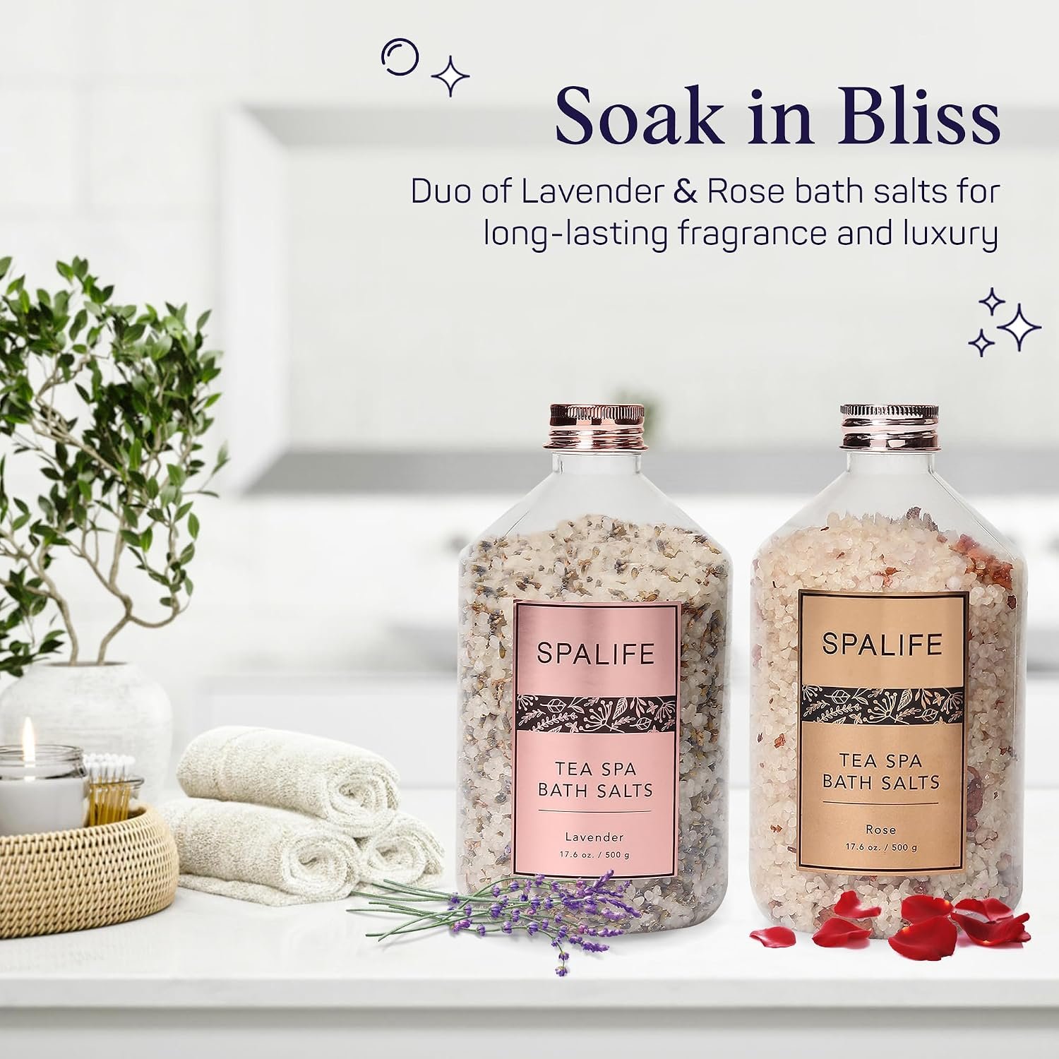 SpaLife Effervescent Rose & Lavender Bath Salts for Women Relaxing | All Natural Aromatherapy Dead Sea Salt Bath Soak Duo | Real Flower Petals for Relaxing Mineral Baths | 2-Pack (35.2 oz) - Image 2