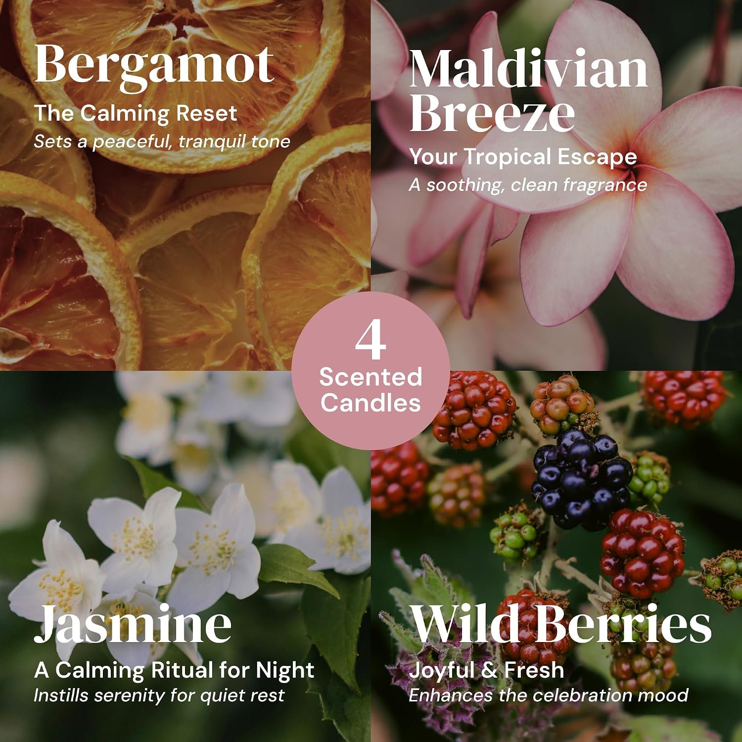 6-pc Scented Candle Gift Set for Women, Aromatherapy Inspired Adelegourdain | Incl. 4 Soy Wax Candles and 2 Fragrance Packets - Gift Ready Box - Scents incl. Bergamot, Maldivian Breeze, Jasmine, Berries - Image 3