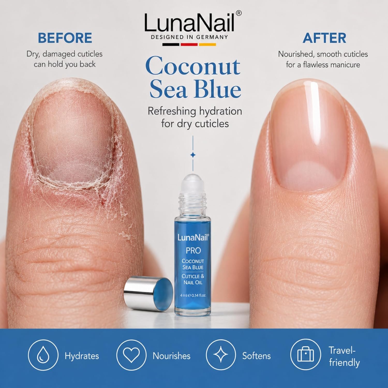 Cuticle Oil, Roll-On Nail Oil with Vitamin E & Jojoba, Hydrating Serum for Dry Cuticles, Vegan (Coconut Sea Blue) - Image 2