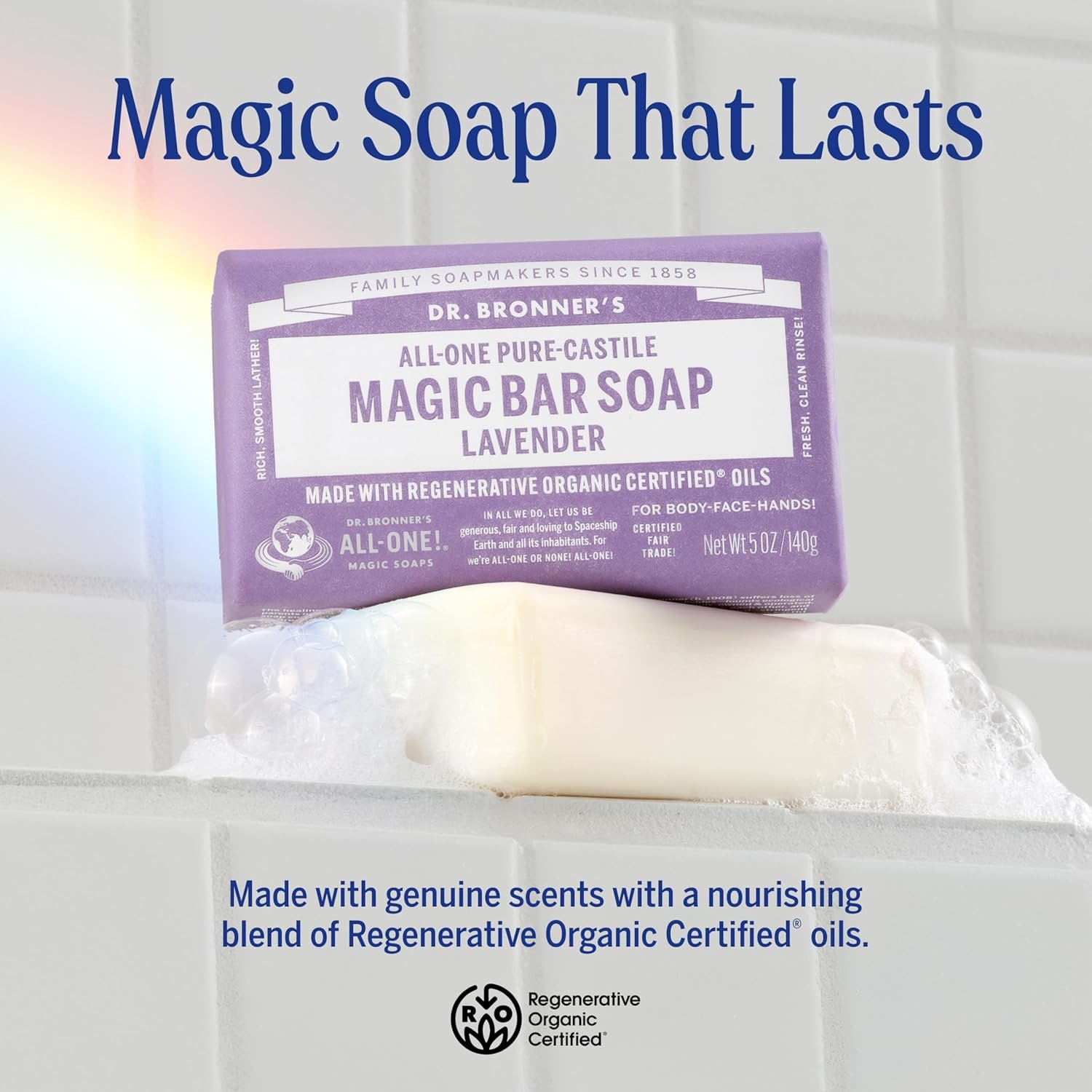 Dr. Bronner's Pure-Castile Magic Bar Soap - Made with Regenerative Organic Certified Oils - For Face, Body, Hair- Gentle on Sensitive Skin - Vegan Soap Bars for Men & Women - Lavender, 2 Pack, 5oz - Image 2