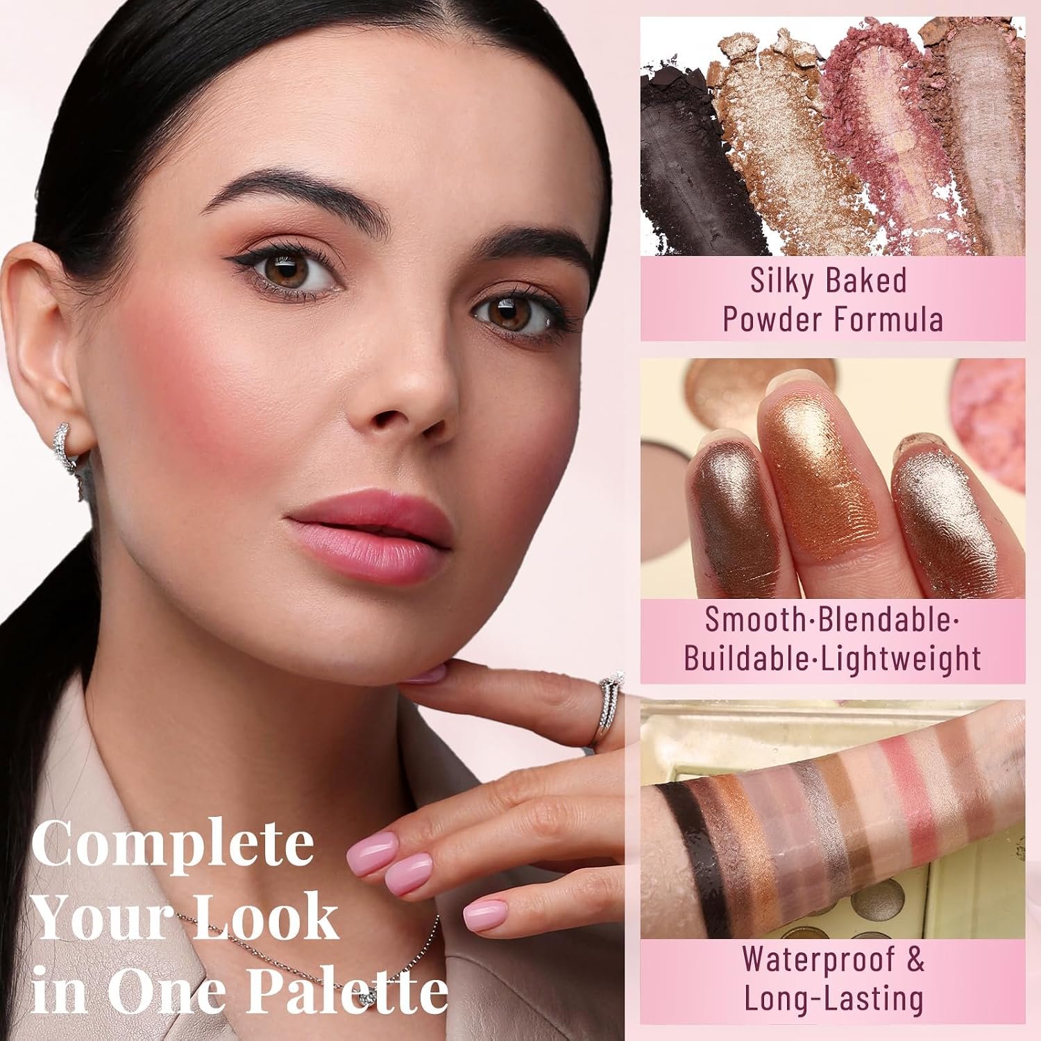 UCANBE Baked Makeup Palette, All in One Full Face & Eye Makeup Palette with Eyeshadows, Blush, Bronzer & Highlighter, Silky Pigmented Neutral Nude Powder Palette for Daily Smokey Travel Makeup Gift - Image 3