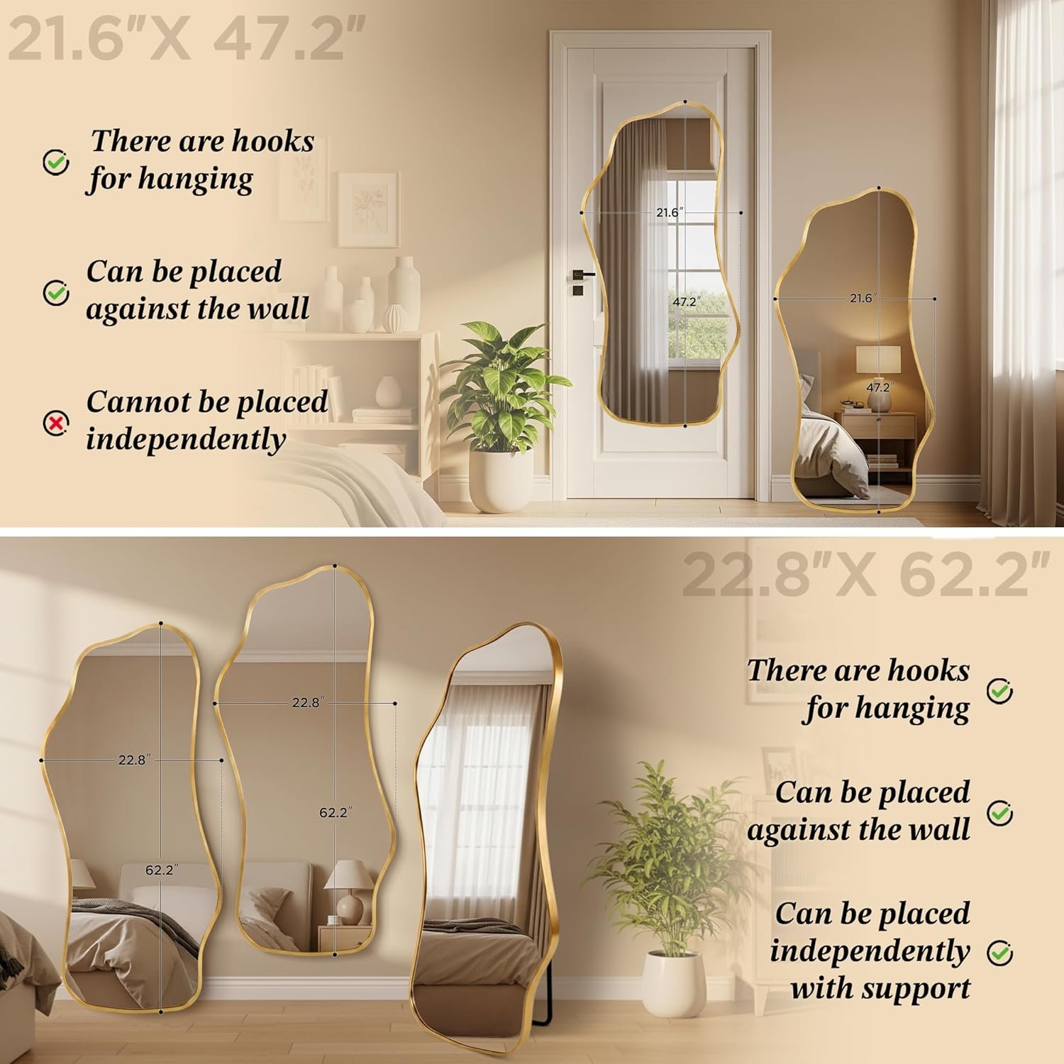 Bathroom Mirrors for Over Sink-Horizontal or Vertical Hanging 47.2"x21.6" Gold Asymmetrical Wavy Aluminum Frame Decorative Full Body Mirror for Living Room,Bedroom,Cloakroom,Entryway - Image 5