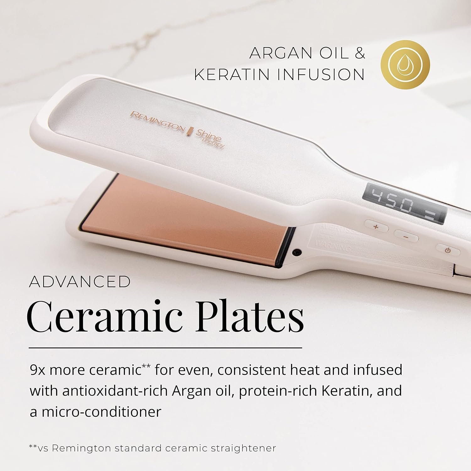 Remington Shine Therapy 2 Inch Hair Straightener, Argan Oil & Keratin | Ceramic flat iron plates infused with Argan Oil and Keratin, reduces frizz for shiny, smooth results. - Image 2