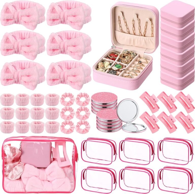 Suncalla 48 Pcs Sleepover Party Supplies Kit Bridesmaid Proposal Gifts Slumber Birthday Spa Party Favors Bow Headband Scrunchies Jewelry Case Makeup Bag Mirror for Gifts (Pink)