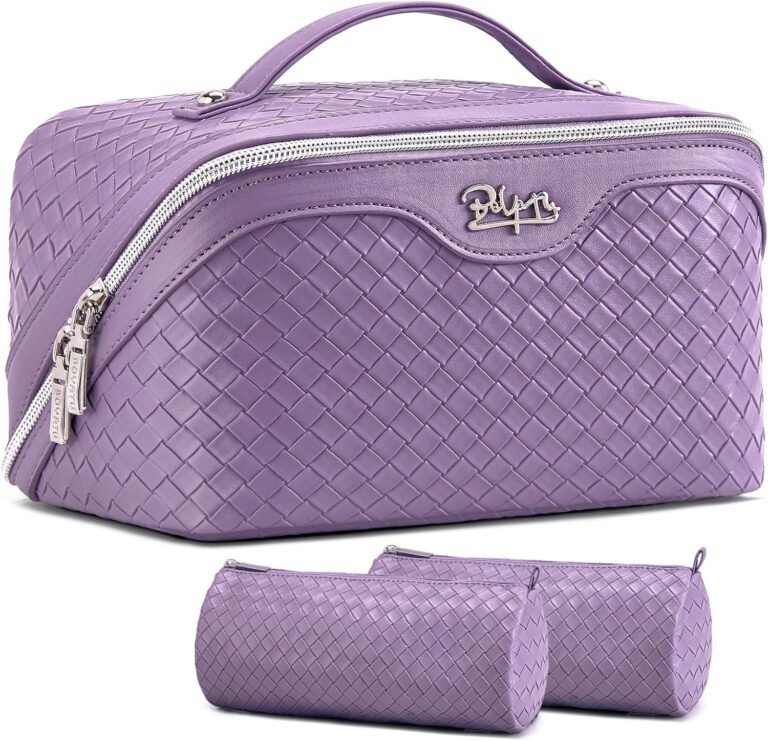 BOYATU Travel Makeup Bag Cosmetic Bags for Women: 3 Pcs Set Make up Bag | Large Capacity Waterproof Vegan Leather Organizer Bags with Compartments - Lay flat Toiletry with Handle (L01 Purple)