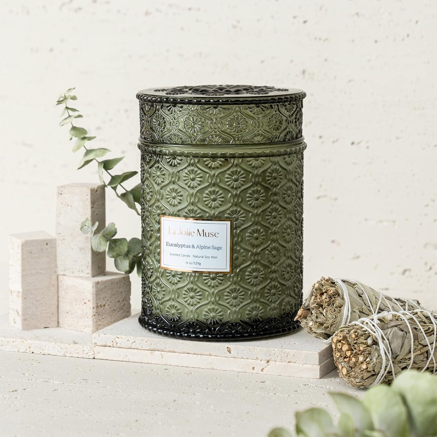 LA JOLIE MUSE Eucalyptus Sage Fresh Scented Candles for Home, 19 oz Soy Wax | Large Jar Luxury Candle, Clean Non Toxic, Gift for Women & Men, Relaxing Aromatherapy Candle, Decorative Candles, Wood Wick - Image 3