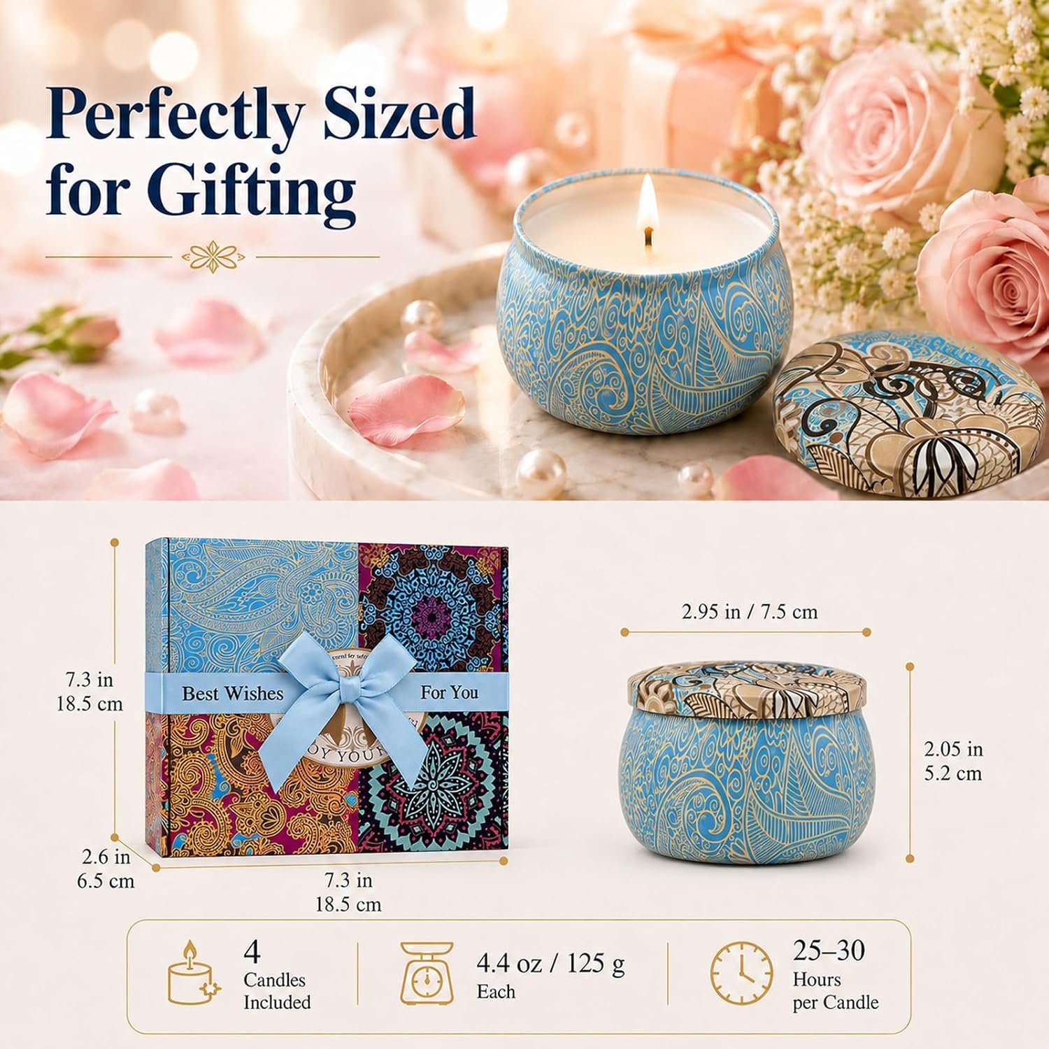 Scented Candles Gift Set for Women, 4 Pack Soy Wax Candles for Home Scented | Aromatherapy Candle Set with Classic Bohemian Tins, Stress Relief Meditation Candle, Birthday Gifts for Mom, Thank You Gifts - Image 5