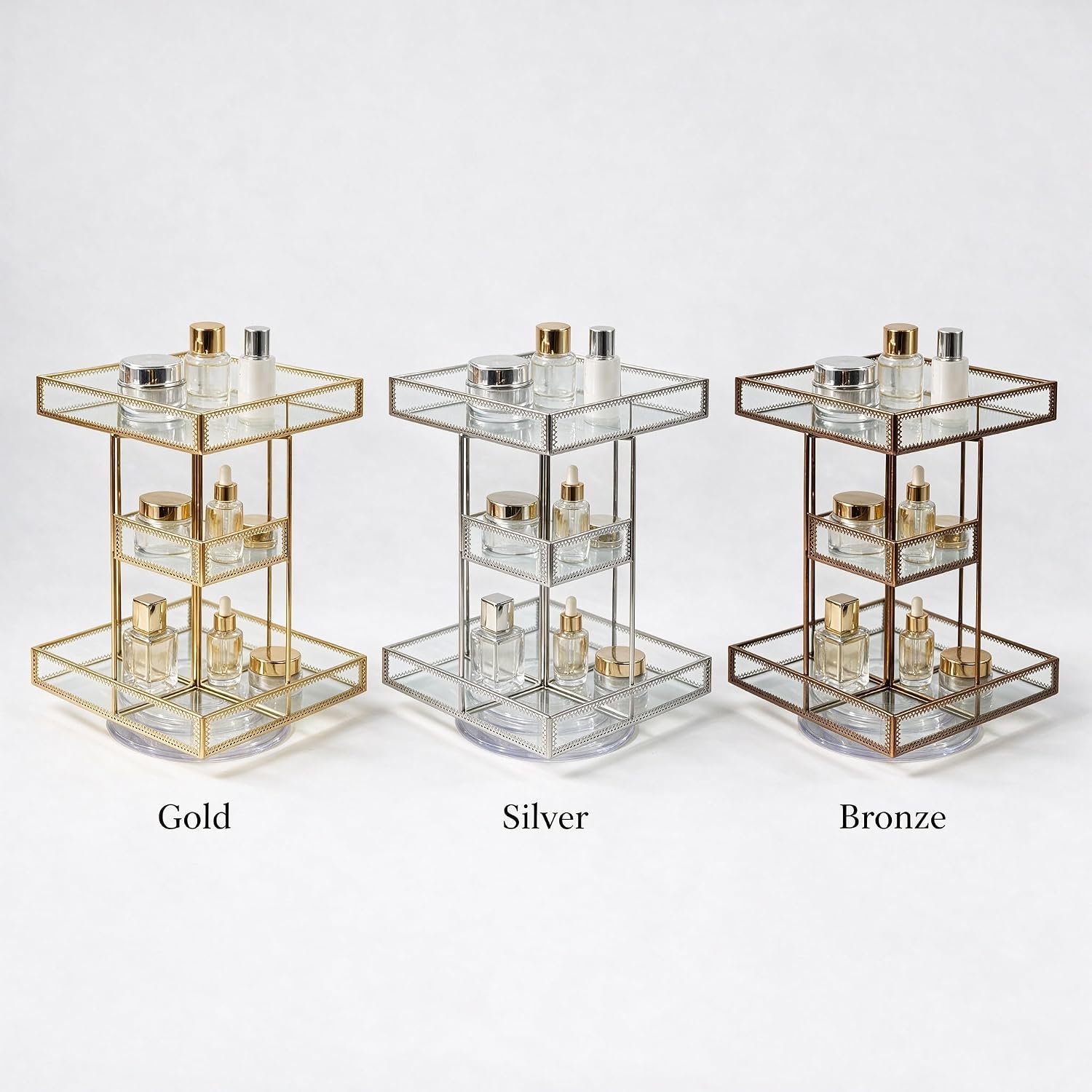 360° Rotating Glass Makeup Organizer, 3-Tier Cosmetic Holder | Antique Lace Design, Vanity Storage Tray, Large Capacity, For Perfume, Skincare Bottles, Lipsticks & Brushes - Image 3