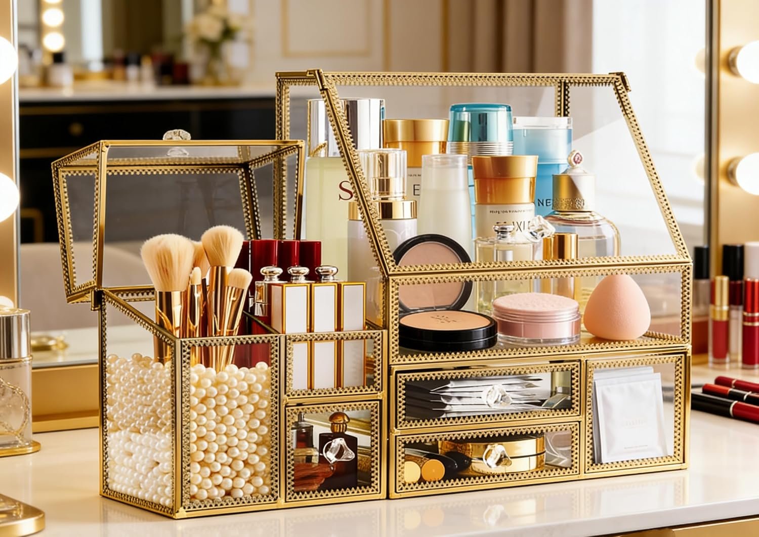 Tempered Glass Makeup Organizer with Gold Heart Shaped Metal Frame, Large Cosmetic Storage Drawer Cabinet, Dustproof Vanity Display Case for Lipstick Makeup Brush Skincare - Image 3