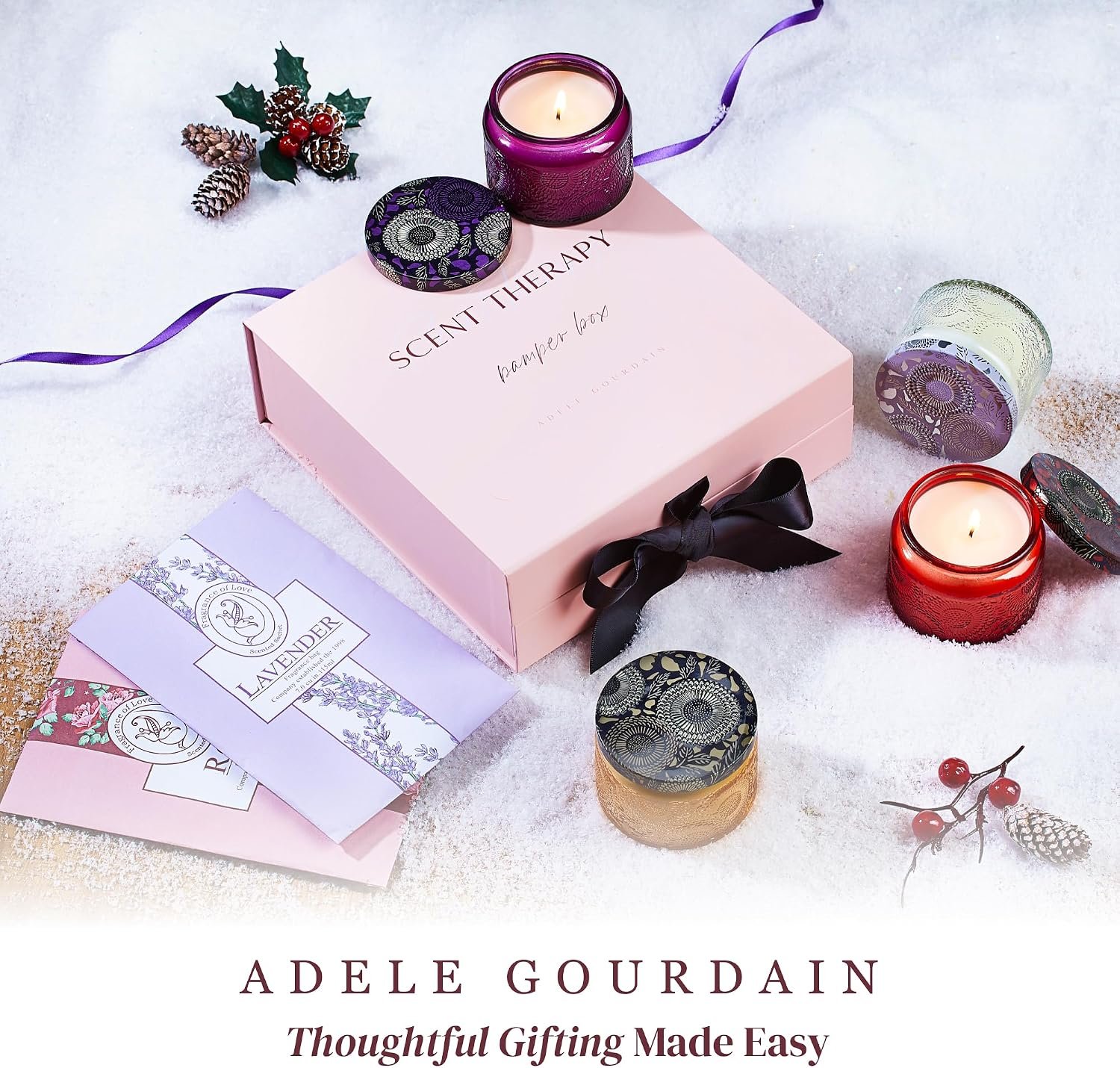 6-pc Scented Candle Gift Set for Women, Aromatherapy Inspired Adelegourdain | Incl. 4 Soy Wax Candles and 2 Fragrance Packets - Gift Ready Box - Scents incl. Bergamot, Maldivian Breeze, Jasmine, Berries - Image 8