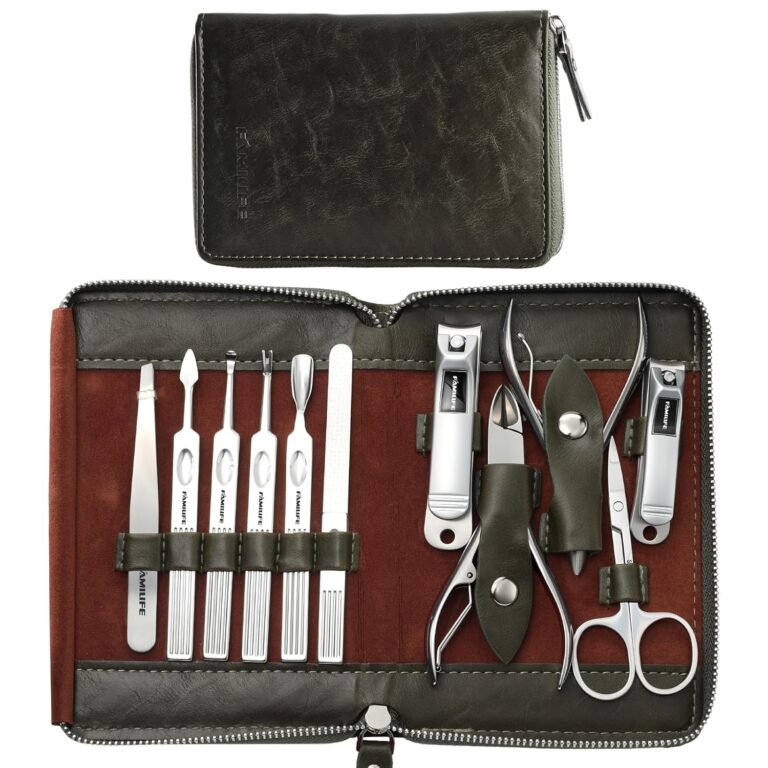 FAMILIFE Stainless Steel Manicure Set 11-in-1 Professional Nail Clipper Kit | Portable Leather Travel Case, Pedicure & Grooming Tools for Fingernails & Toenails, Luxury Gifts Set for Men & Women, Green