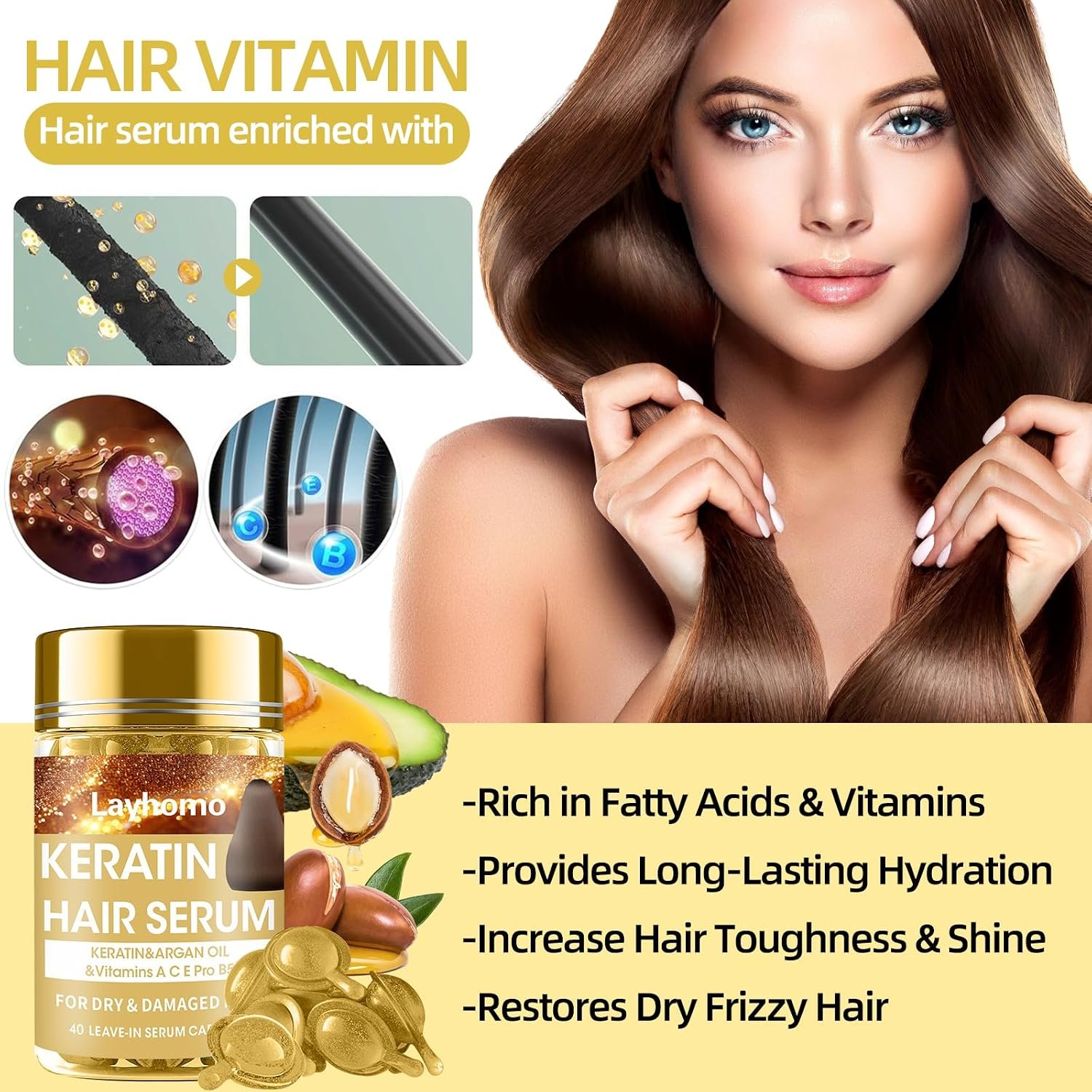 Keratin Hair Treatment Serum,Hair Serum Treatment for Dry Damaged Hair,Hair Oil Capsules with Keratin,Argan Oil-Leave-in Anti Frizz Conditioner with Vitamins A, C, E & B5- No Rinse for All Hair Types - Image 4