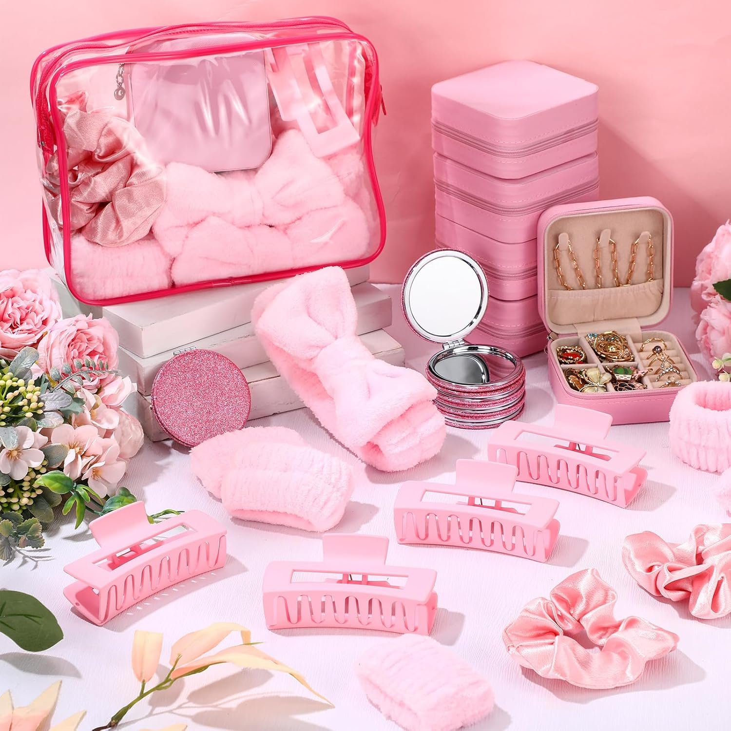 Suncalla 48 Pcs Sleepover Party Supplies Kit Bridesmaid Proposal Gifts Slumber Birthday Spa Party Favors Bow Headband Scrunchies Jewelry Case Makeup Bag Mirror for Gifts (Pink) - Image 5