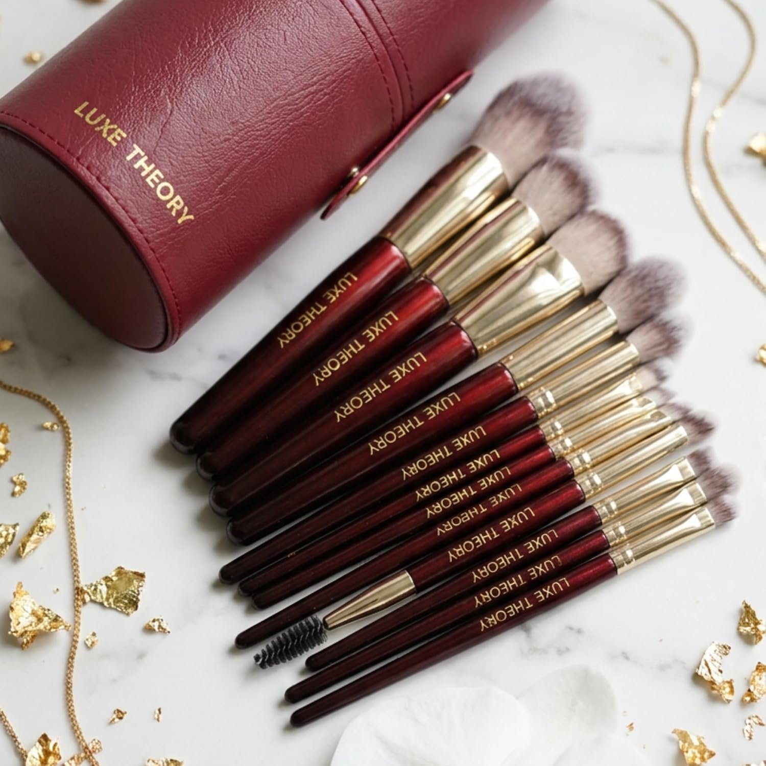 LUXE THEORY 15 Piece Luxury Makeup Brush Set with Holder, Professional Face & Eye Makeup Brushes, Wooden Handles, Ultra Dense Soft Synthetic Bristles, Burgundy & Gold - Image 2