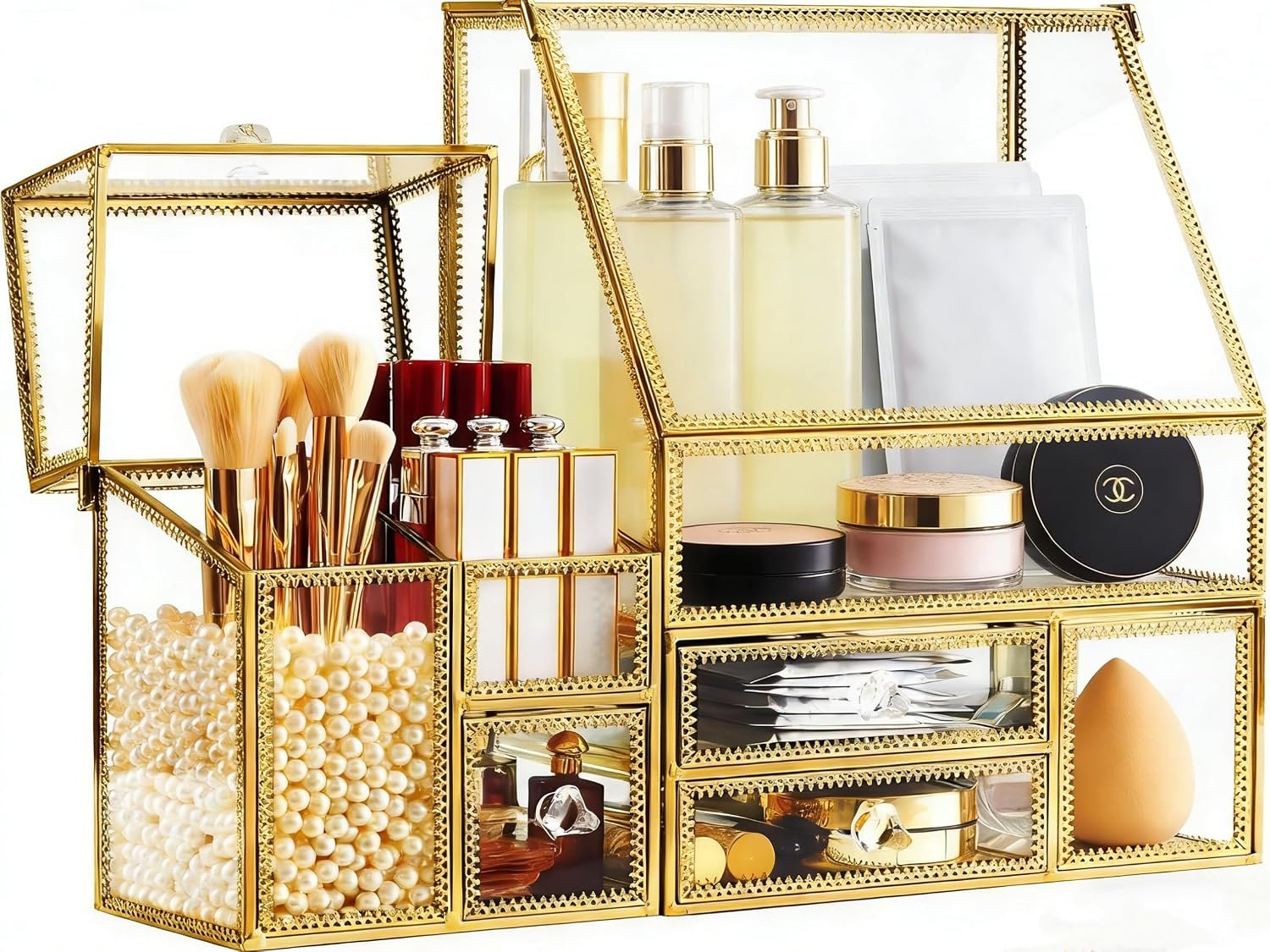 Tempered Glass Makeup Organizer with Gold Heart Shaped Metal Frame, Large Cosmetic Storage Drawer Cabinet, Dustproof Vanity Display Case for Lipstick Makeup Brush Skincare - Image 5