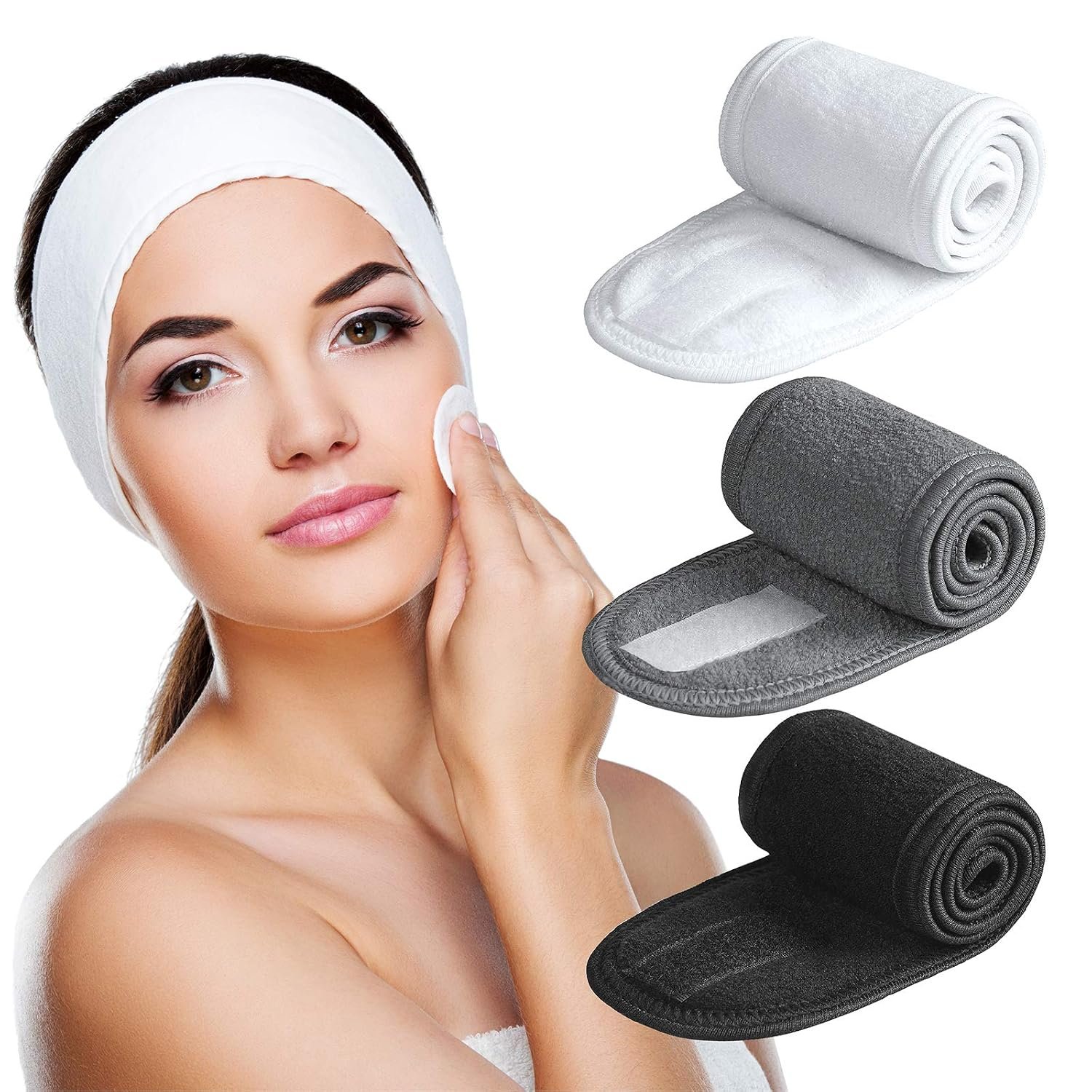 Denfany Spa Headband Soft Terry Cloth Adjustable for Face Washing & Yoga | Durable & Absorbent, Gentle on Skin, Perfect for Makeup Removal, Shower & Yoga, 3 Colors (Black/White/Grey)