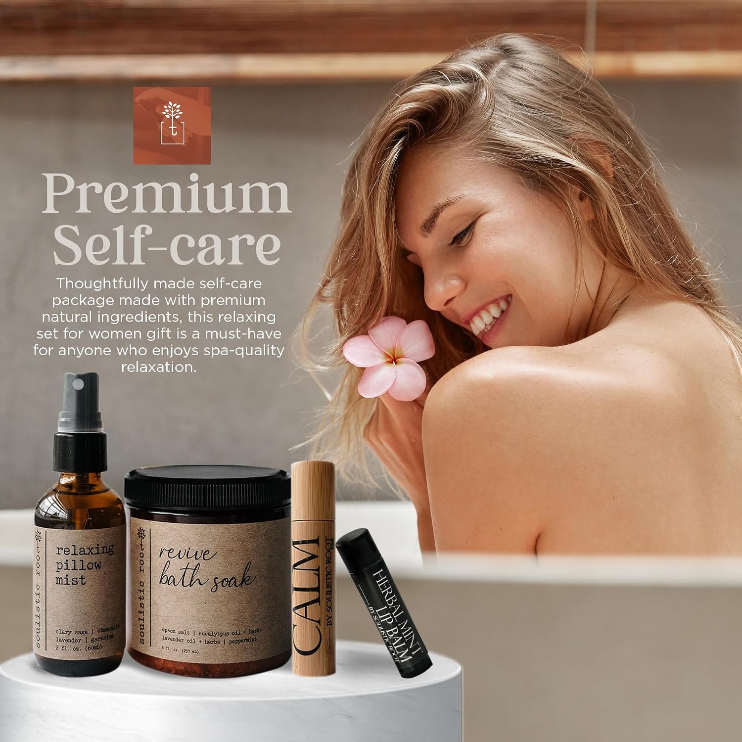 SOULISTIC ROOT Self-Care Set - Luxury Spa Bath Kit, Pillow Mist, Cooling Lip Balm, Tranquil Essential Oil Roller & Epsom Salt Bath Soak Pampering Package, Holistic Gifts for Him & Her - Image 7
