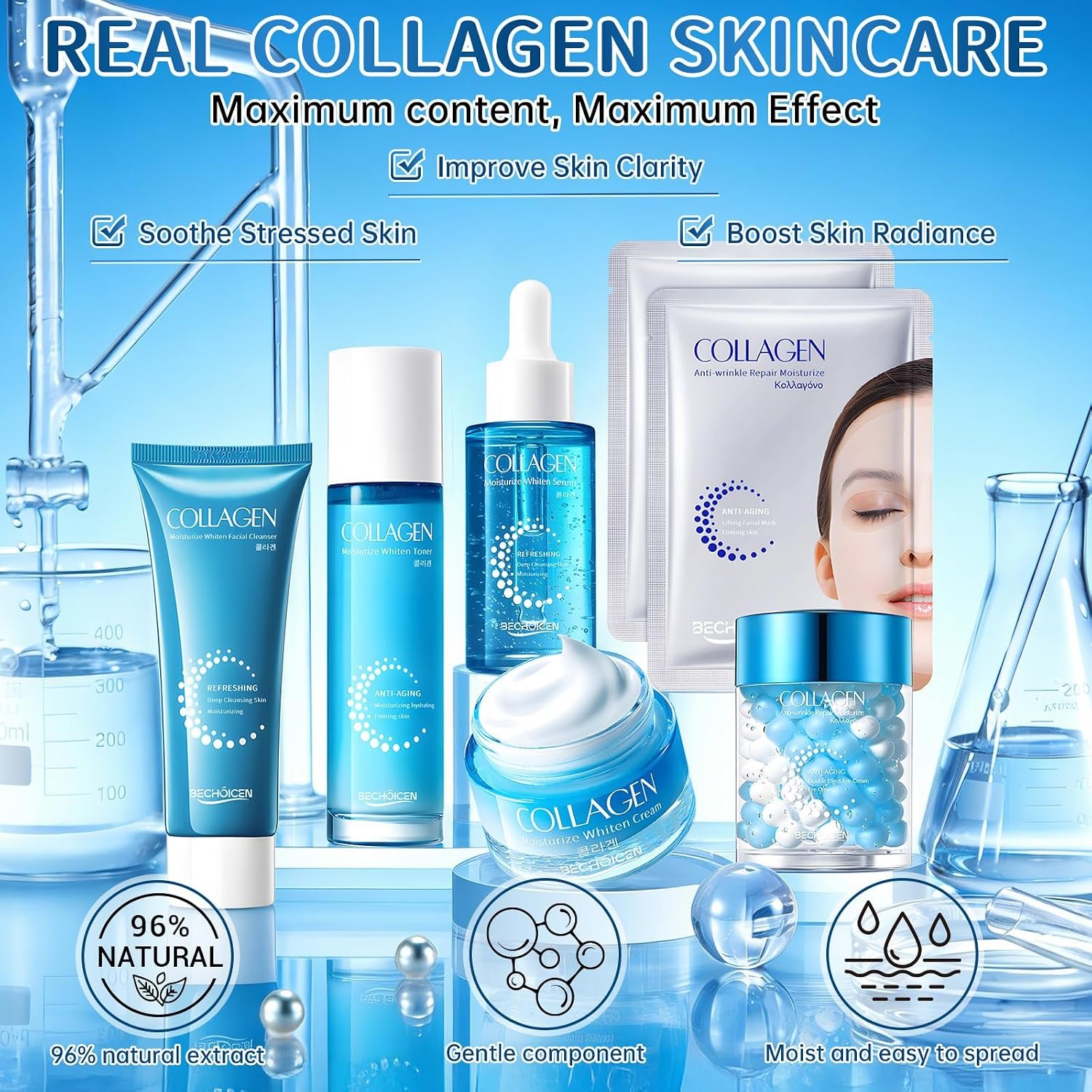 Collagen Skincare Set for Women – 7Pcs Face Care Kit with Cleanser,Toner,Serum,Eye Cream,Face Cream & Masks – Hydrating,Firming & Nourishing Routine,Gentle for All Skin Types,Great Gift Idea - Image 7