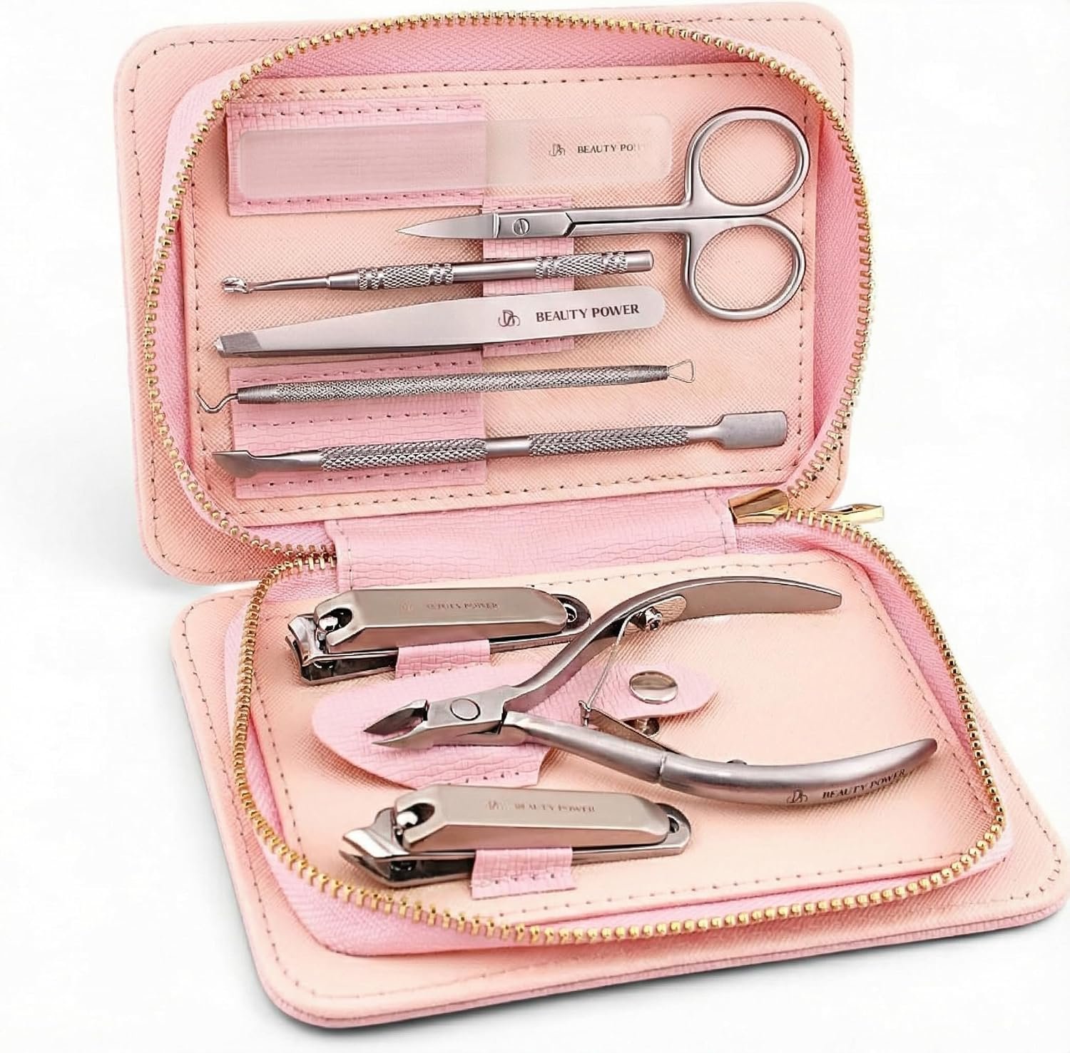 Beauty Power 9 in 1 Professional Manicure Pedicure Set - Stainless Steel Nail Clippers, Nano File, Cuticle Nipper, Scissors, Tweezers, Travel PU Leather Case for Men & Women - Gift Idea - Pink