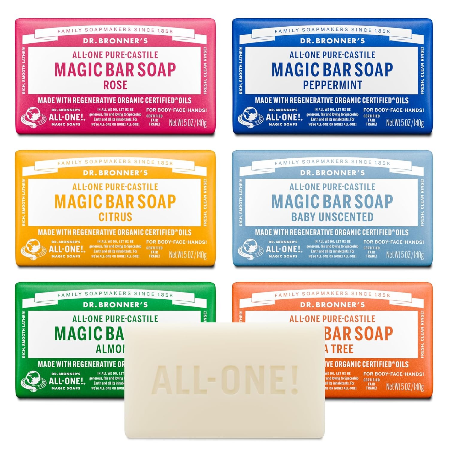Dr. Bronner's Pure-Castile Magic Bar Soaps (5 Ounce Variety Gift Pack) Almond, Unscented, Lavender, Peppermint, Citrus, Rose - Made with Natural & Organic Certified Oils, Vegan, Non-GMO