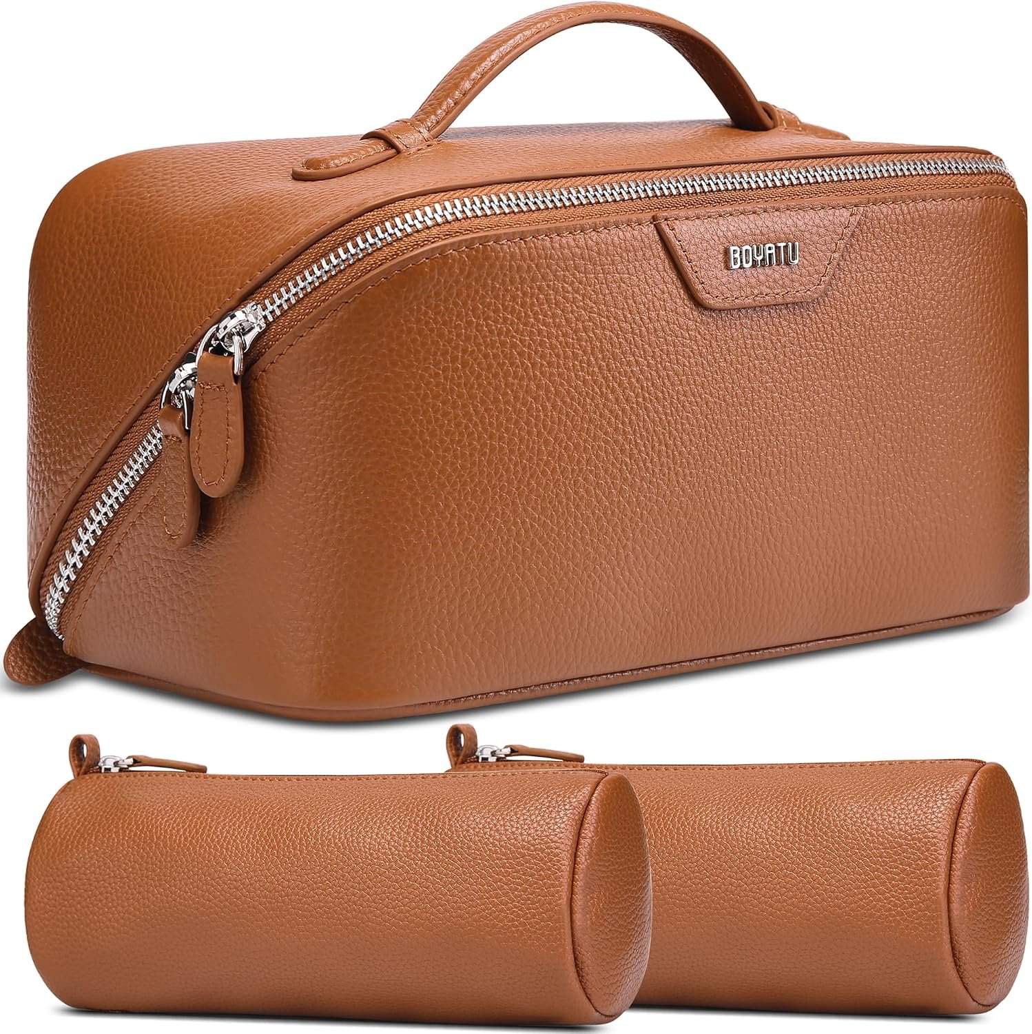 BOYATU Genuine Leather Travel Makeup Bag: Hand-made 3 Pcs Set Cosmetic Bags | Large Capacity Toiletry Organizer Bag for Women - Designer Ladies Travel Essentials for Elegance (Brown)