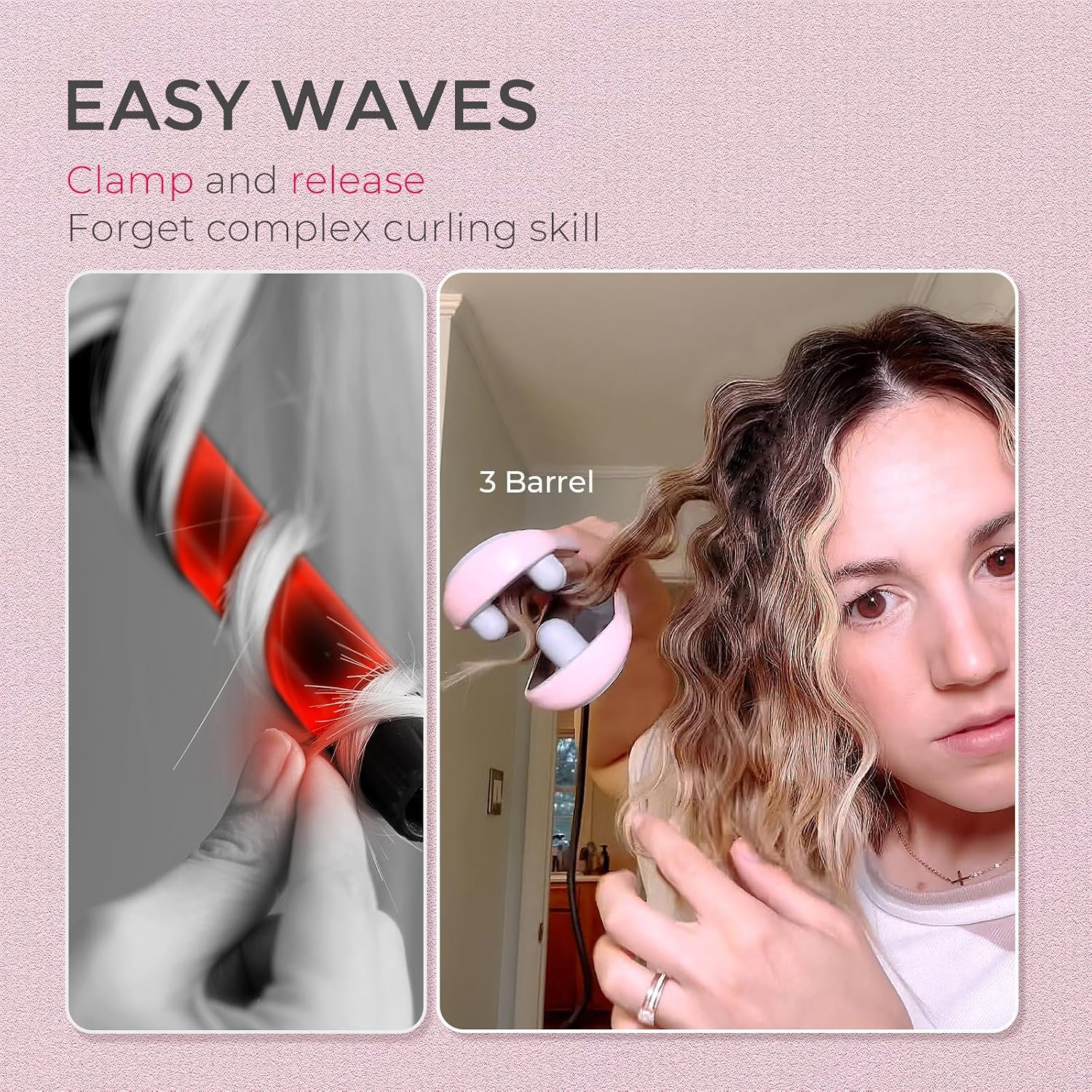 Curling Iron Hair Crimper Waver, TYMO ROVY Beach Waves Hair Curler | Ionic Curling Wand, 3 Barrel Crimper Hair Tool for Women, Dual Voltage, Anti-Scald, Easy to Use, Pink, 1 Inch - Image 2