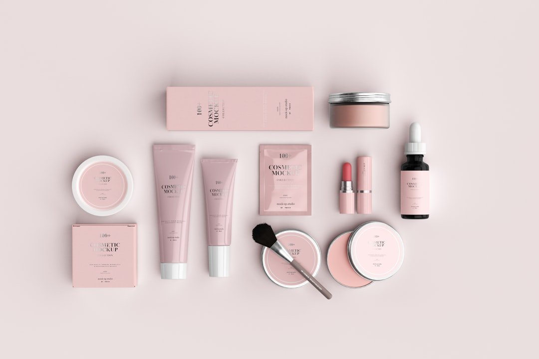 A flat lay of various skincare products including serums, moisturizers, and cleansers on a marble surface, with natural light highlighting the textures and colors.