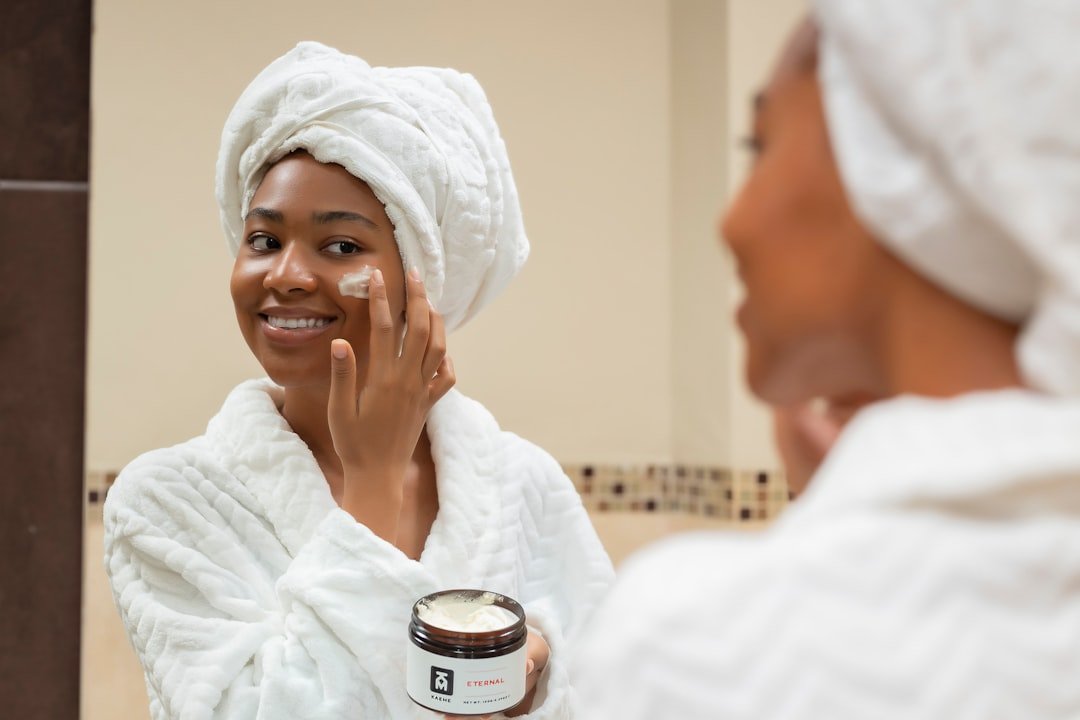 A split image showing a morning skincare routine with bright sunlight and an evening skincare routine with soft, warm lighting.