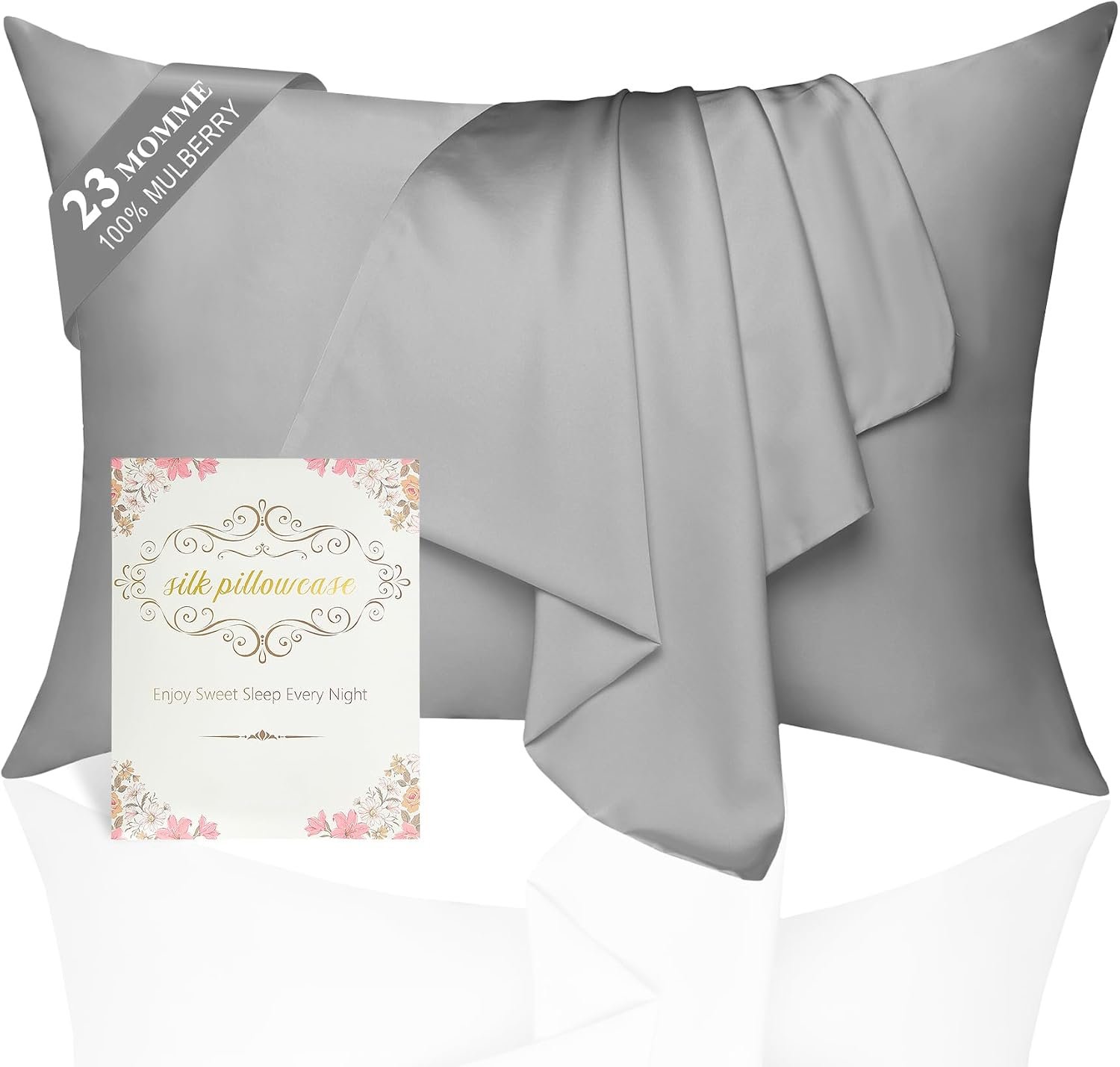 100% Mulberry Silk Pillowcase 2 Pack for Hair and Skin,Standard Size 6A Grade 23 Momme Pure Natural Silk Pillow Case,Soft Silk Pillow Cases with Hidden Zipper (Grey, Queen (20''×30''))