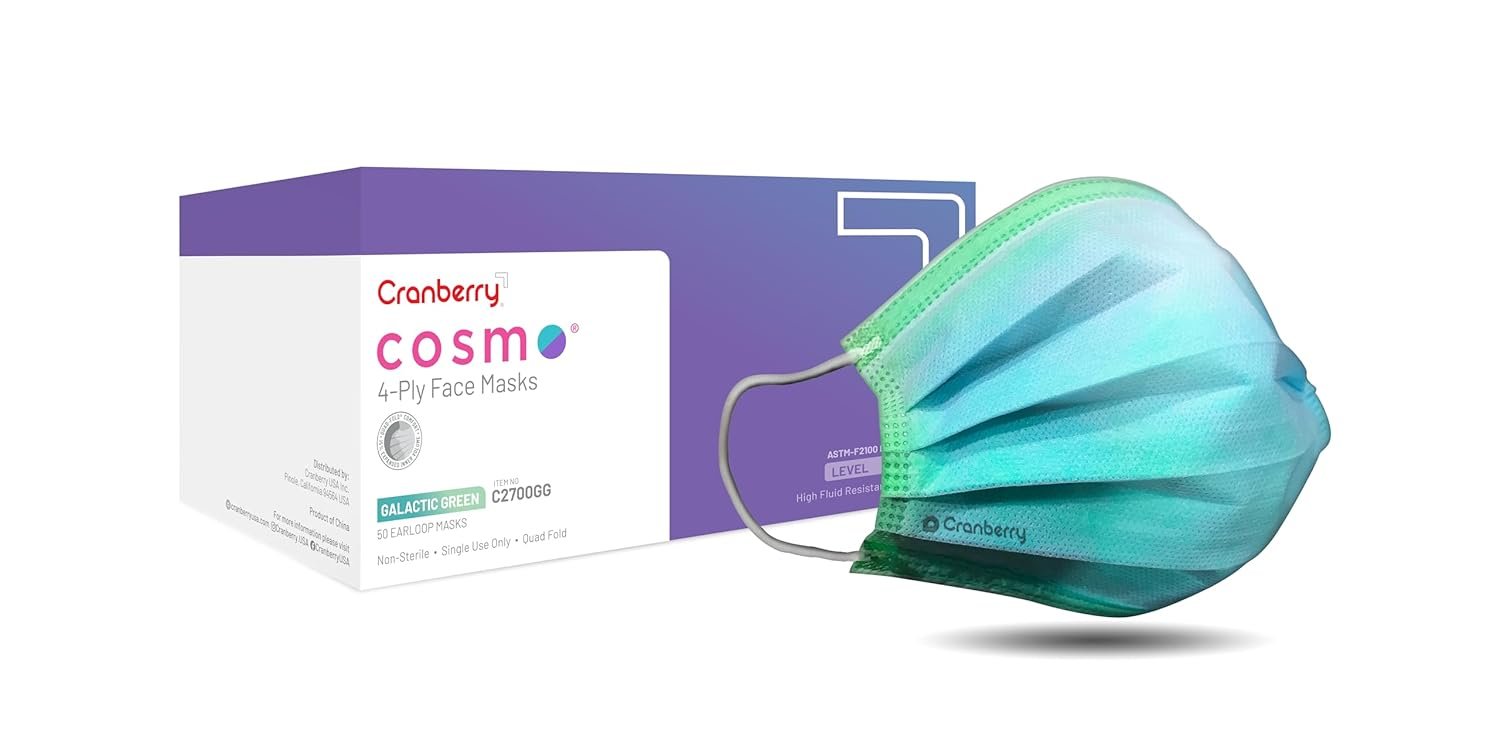 Cranberry USA C2700GG Cosmo Earloop Face Mask, Disposable, Green (Pack of 50)