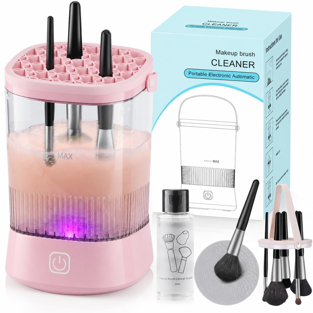 Electric Makeup Brush Cleaner Kit with Cleaning Solution, 12000 RPM, Pink