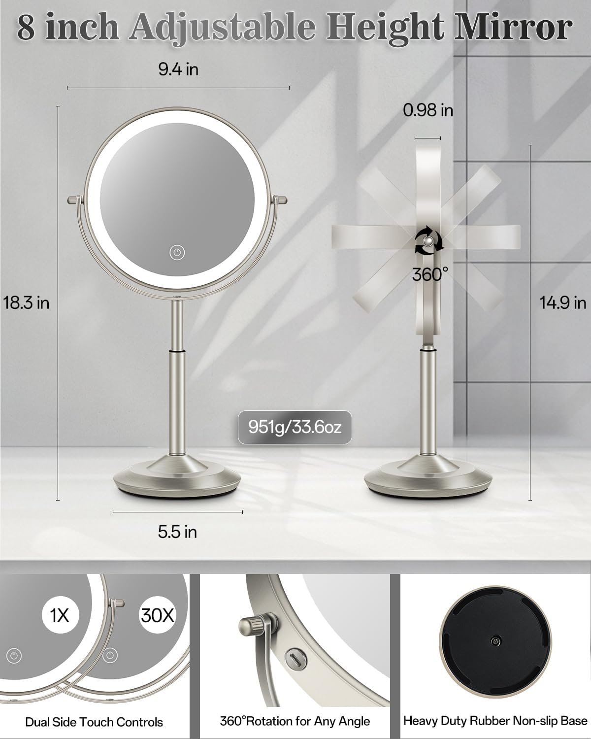 8" Lighted Makeup Mirror with Light,30X Magnifying Height Adjustable Mirror - Image 6