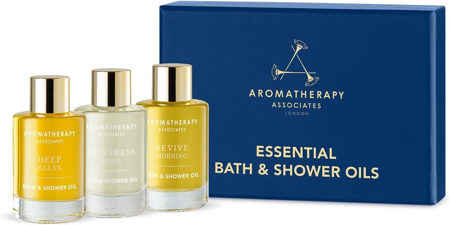 Aromatherapy Associates Essential Bath & Shower Oils Gift Set, 3 x 9 ml Travel-Size Bath Oils, Deep Relax, Revive Morning & De-Stress Mind, Self Care & Gift Collection