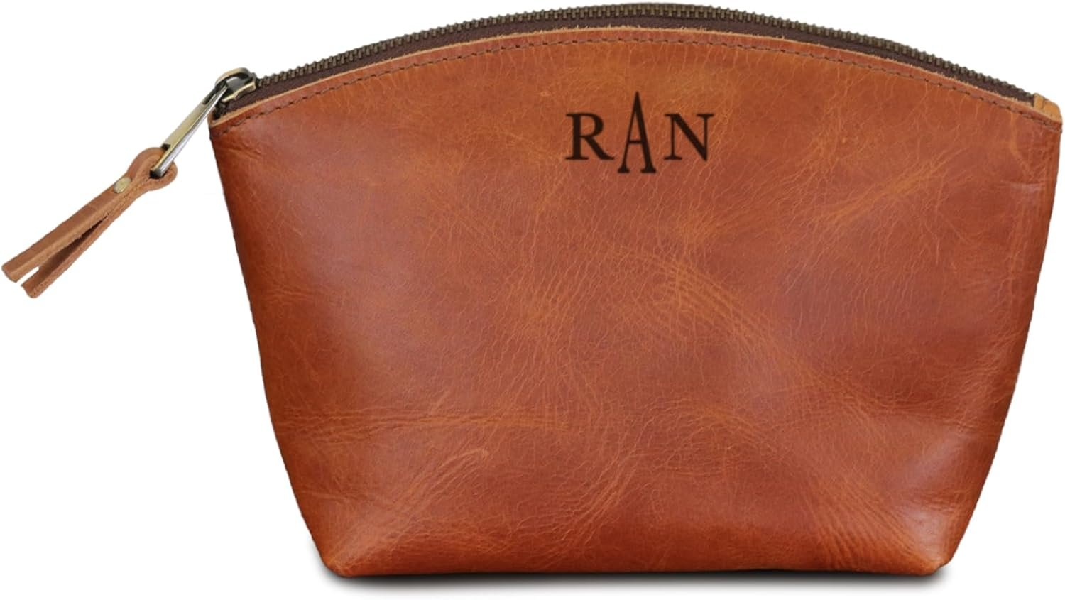 LUXE-RANGE Personalized Leather Makeup Bag for Women, Genuine Leather Eclipse Cosmetic Bag, Travel Organizer Large Pouch with Zipper for Women