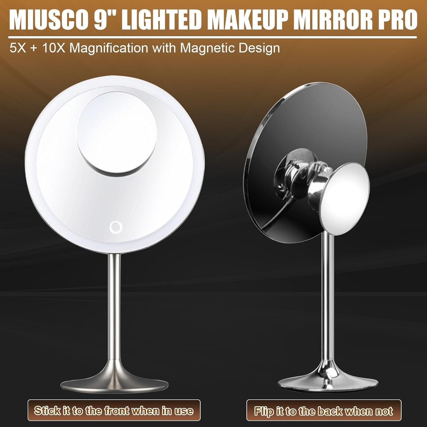 Makeup Mirror 9" Vanity Mirror with Lights, 5X & 10X Magnification - Front/Back Magnetic Design, Rechargeable & Cordless, Touch Dimming, 90° Adjustable Angle, Metal Frame, Includes USB Cable - Image 2