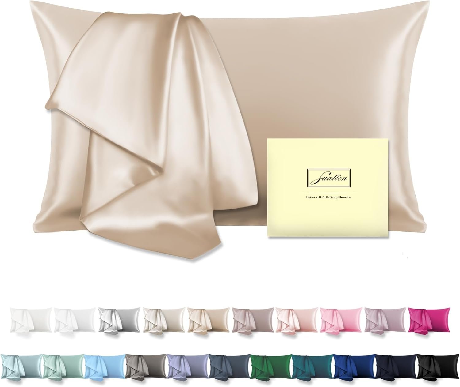 Suatien Mulberry Silk Pillowcase for Hair and Skin Standard Size, Champagne