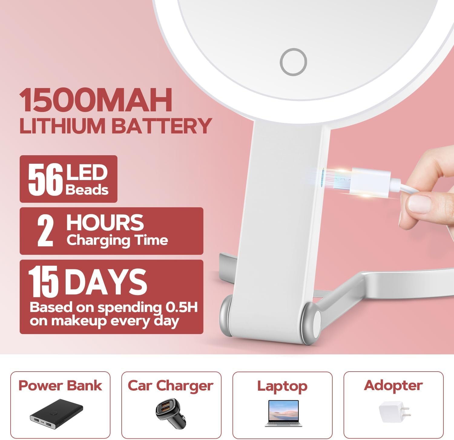 MIYADIVA 30X Magnifying Makeup Mirror with Light, Double-Sided 1X/30X Travel Makeup Mirror, 56 LED Lights, 3 Color Modes, Dimmable, USB-C Rechargeable, Portable Foldable Vanity Mirror for Women - Image 4