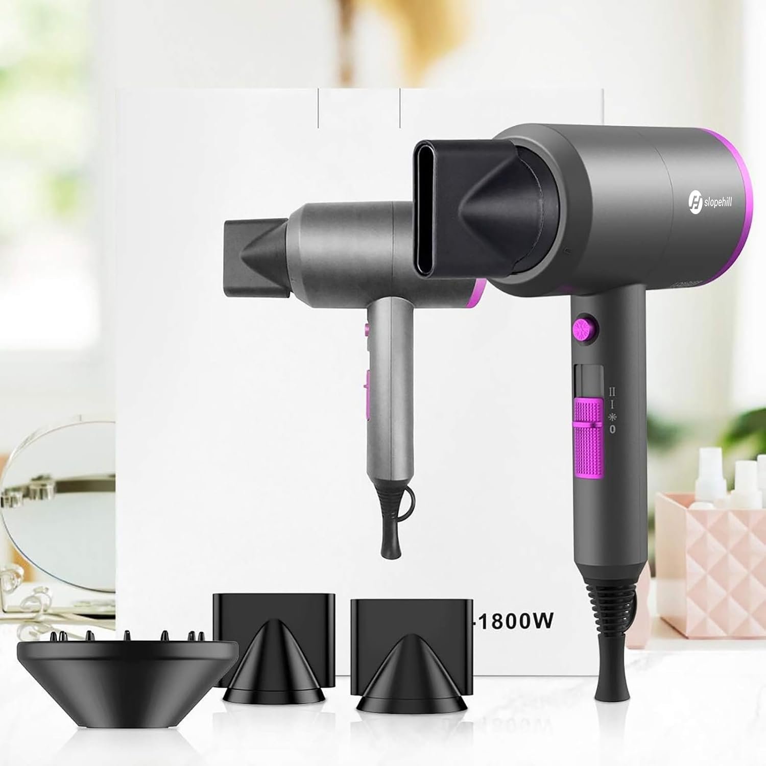 slopehill Professional Ionic Hair Dryer, Powerful 1800W Fast Drying Low Noise Blow Dryer with 2 Concentrator Nozzle 1 Diffuser Attachments for Home Salon Travel - Image 8
