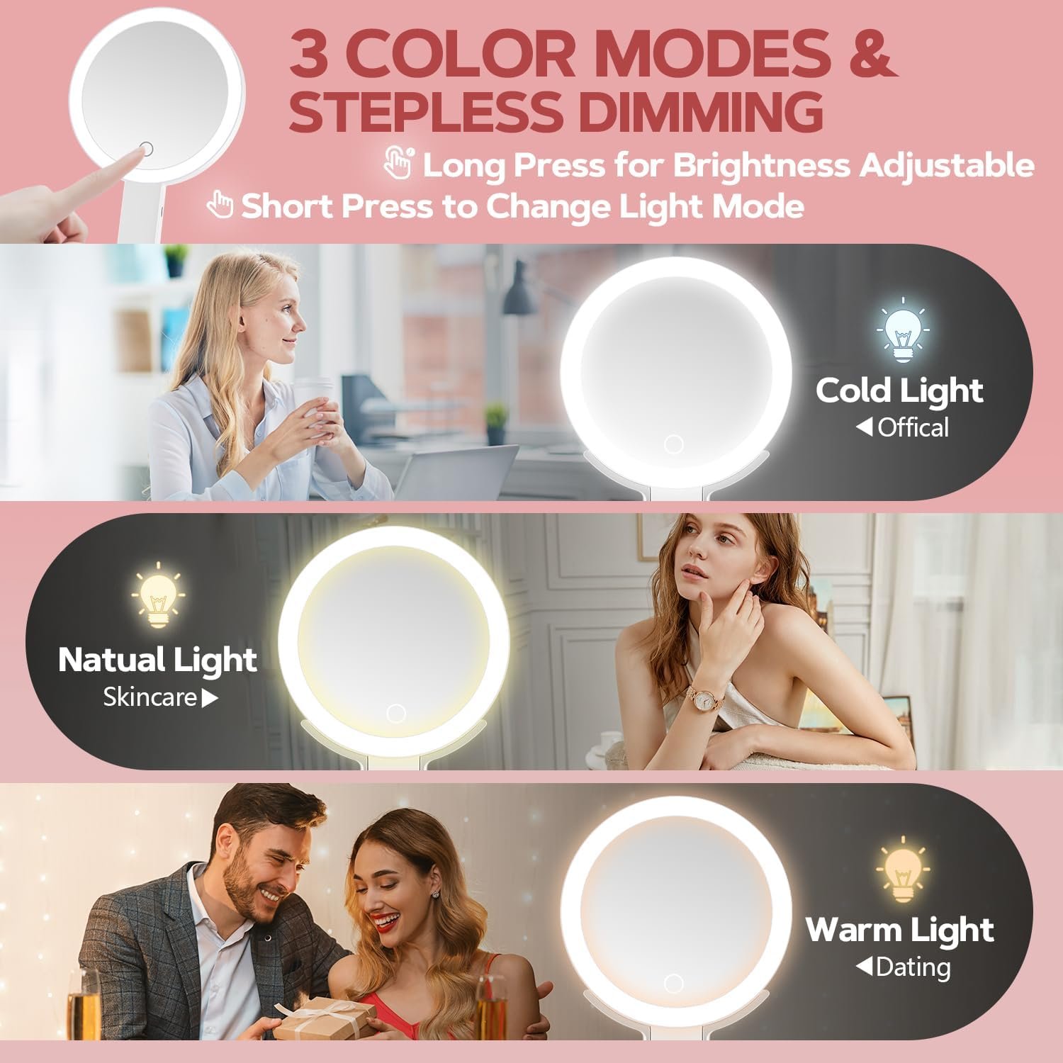 MIYADIVA 30X Magnifying Makeup Mirror with Light, Double-Sided 1X/30X Travel Makeup Mirror, 56 LED Lights, 3 Color Modes, Dimmable, USB-C Rechargeable, Portable Foldable Vanity Mirror for Women - Image 3