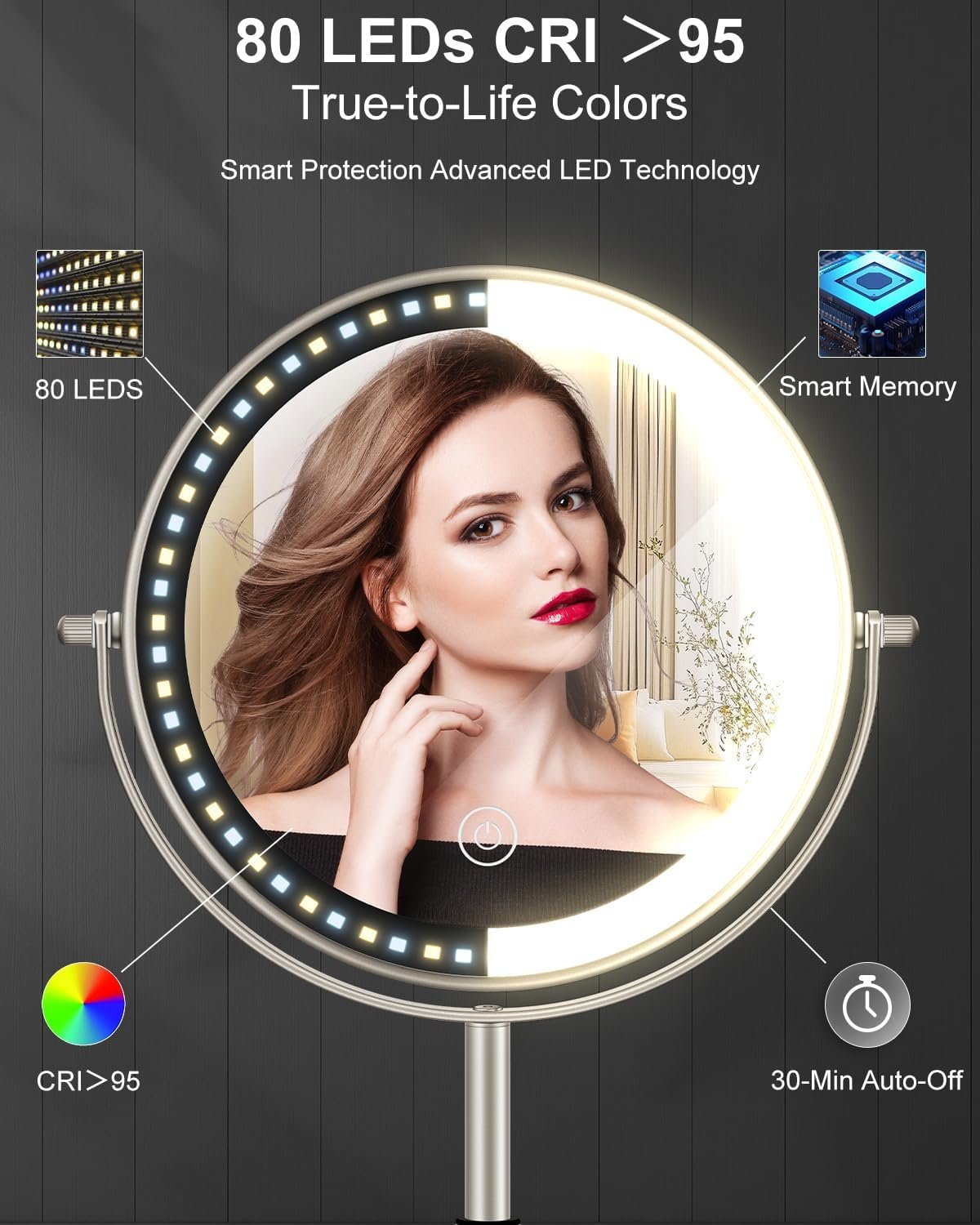 8" Lighted Makeup Mirror with Light,30X Magnifying Height Adjustable Mirror - Image 8